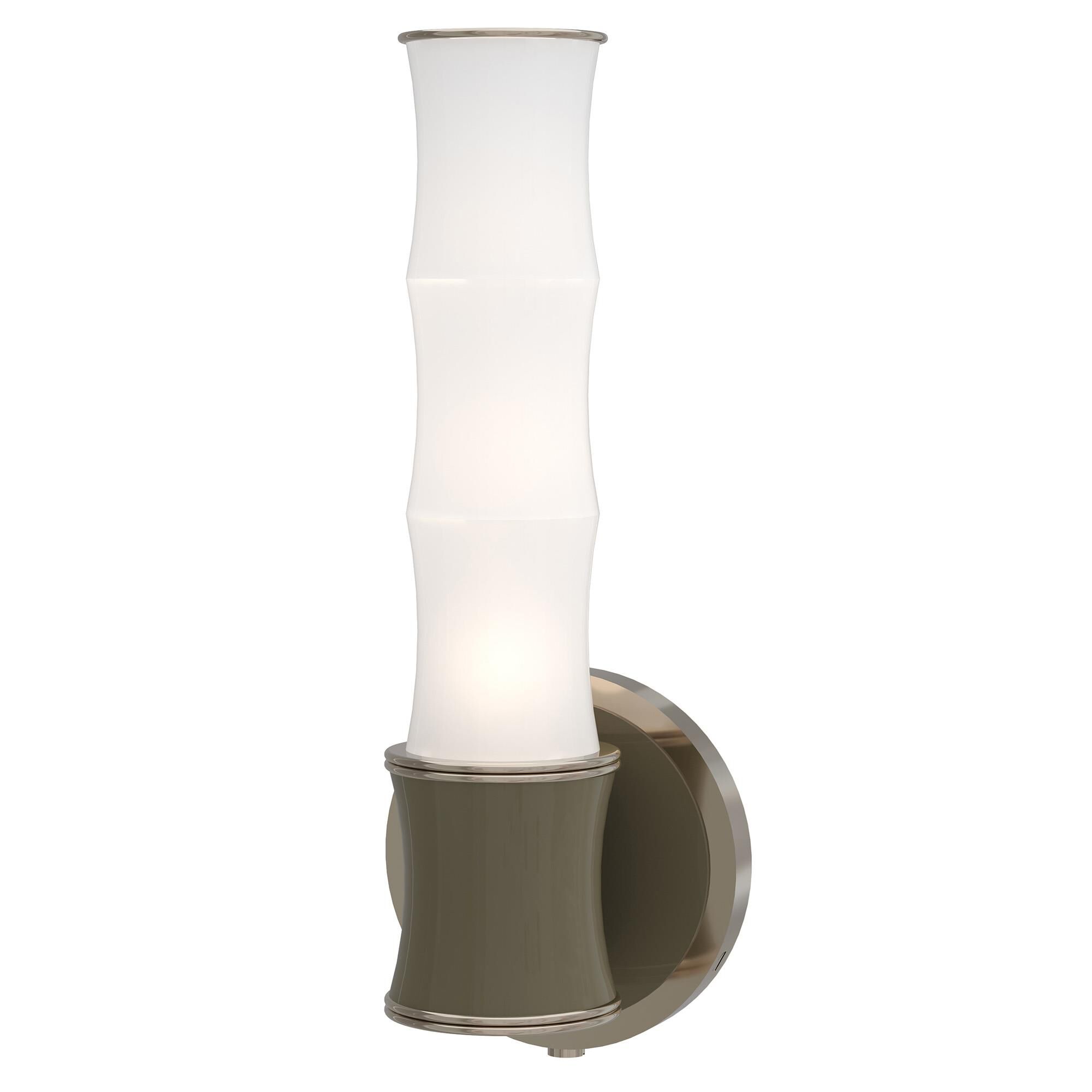 Shown in Smokey Taupe finish and White Frosted glass and Polished Nickel accent