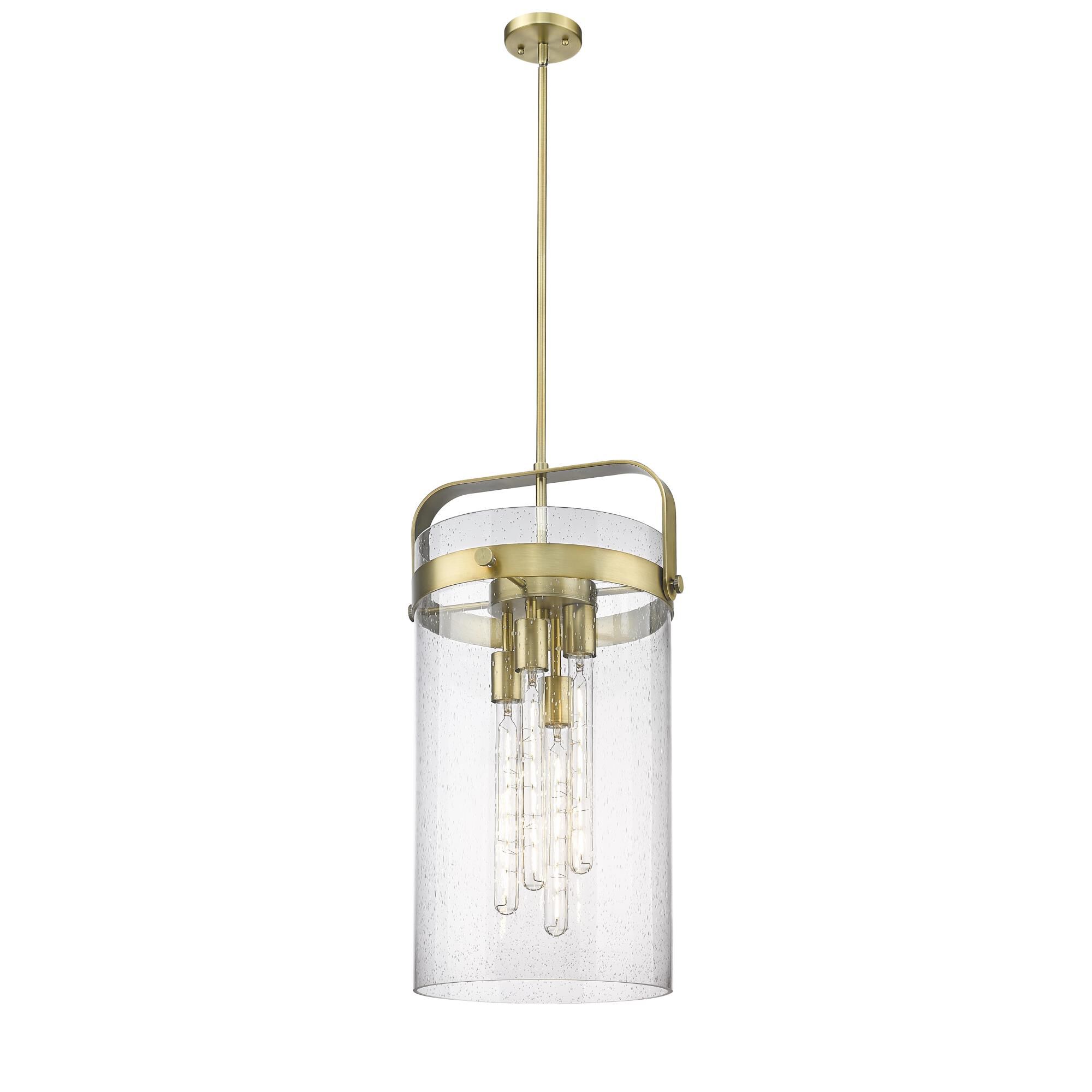 Shown in Brushed Brass finish and Seedy glass