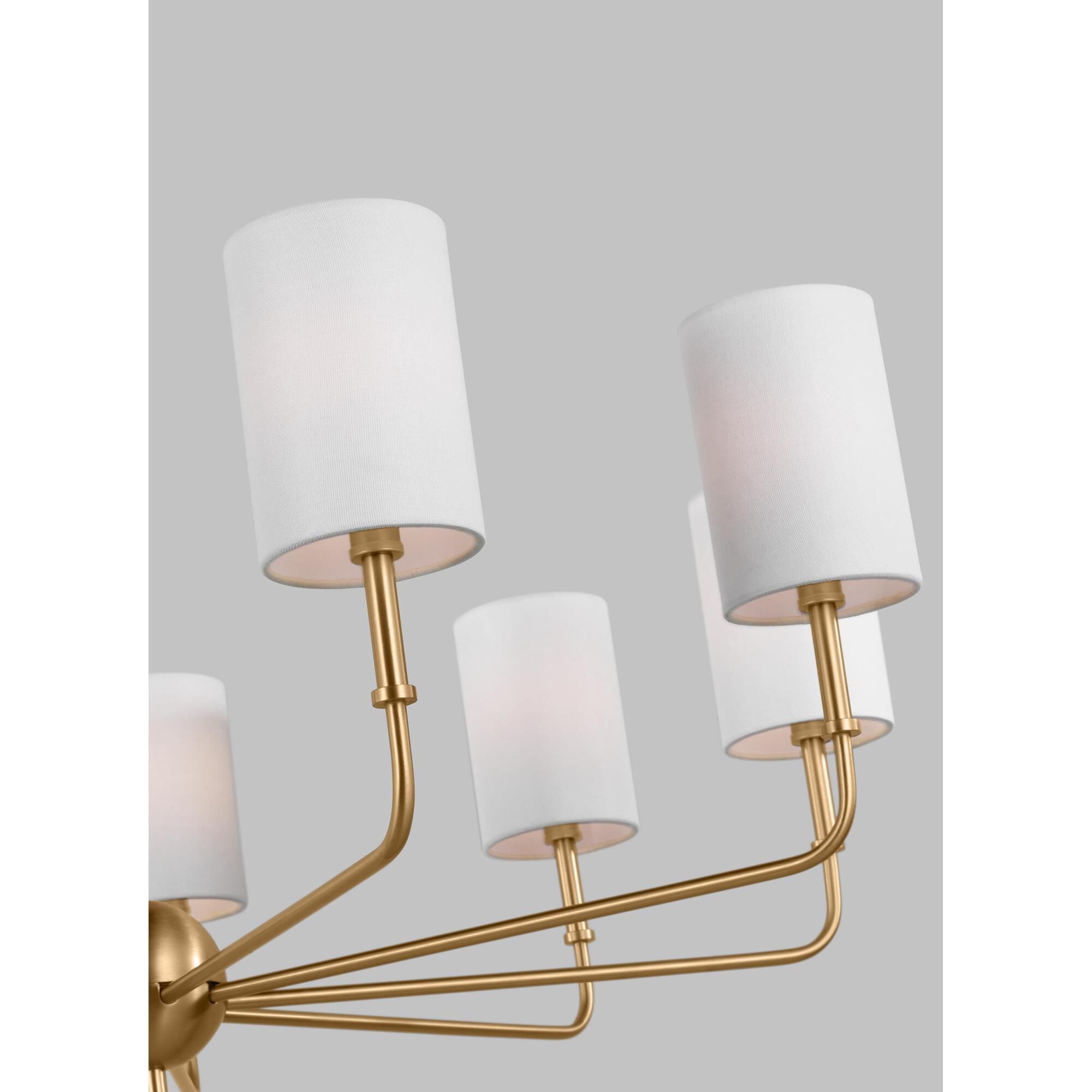 Shown in Satin Brass finish and White Linen glass and White Linen Fabric s shade