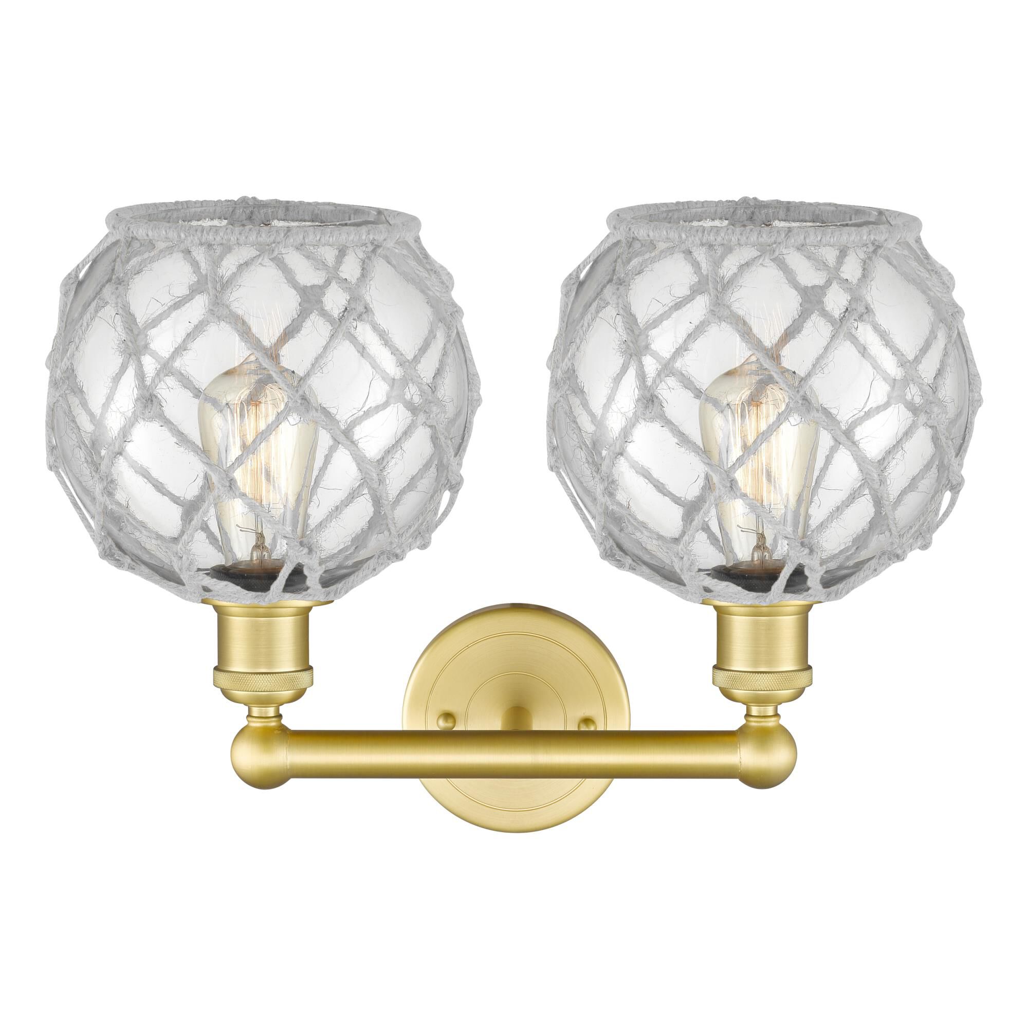 Shown in Satin Gold finish and Clear with White Rope glass