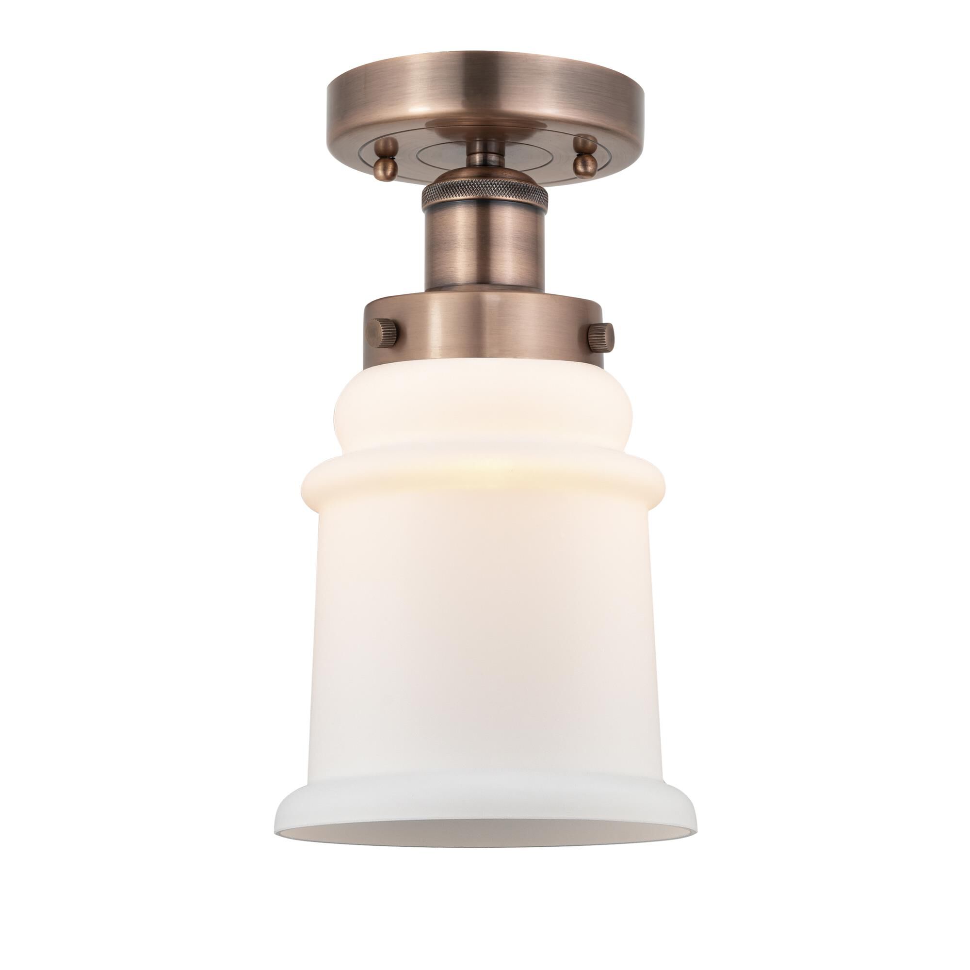 Shown in Antique Copper finish and Matte White glass