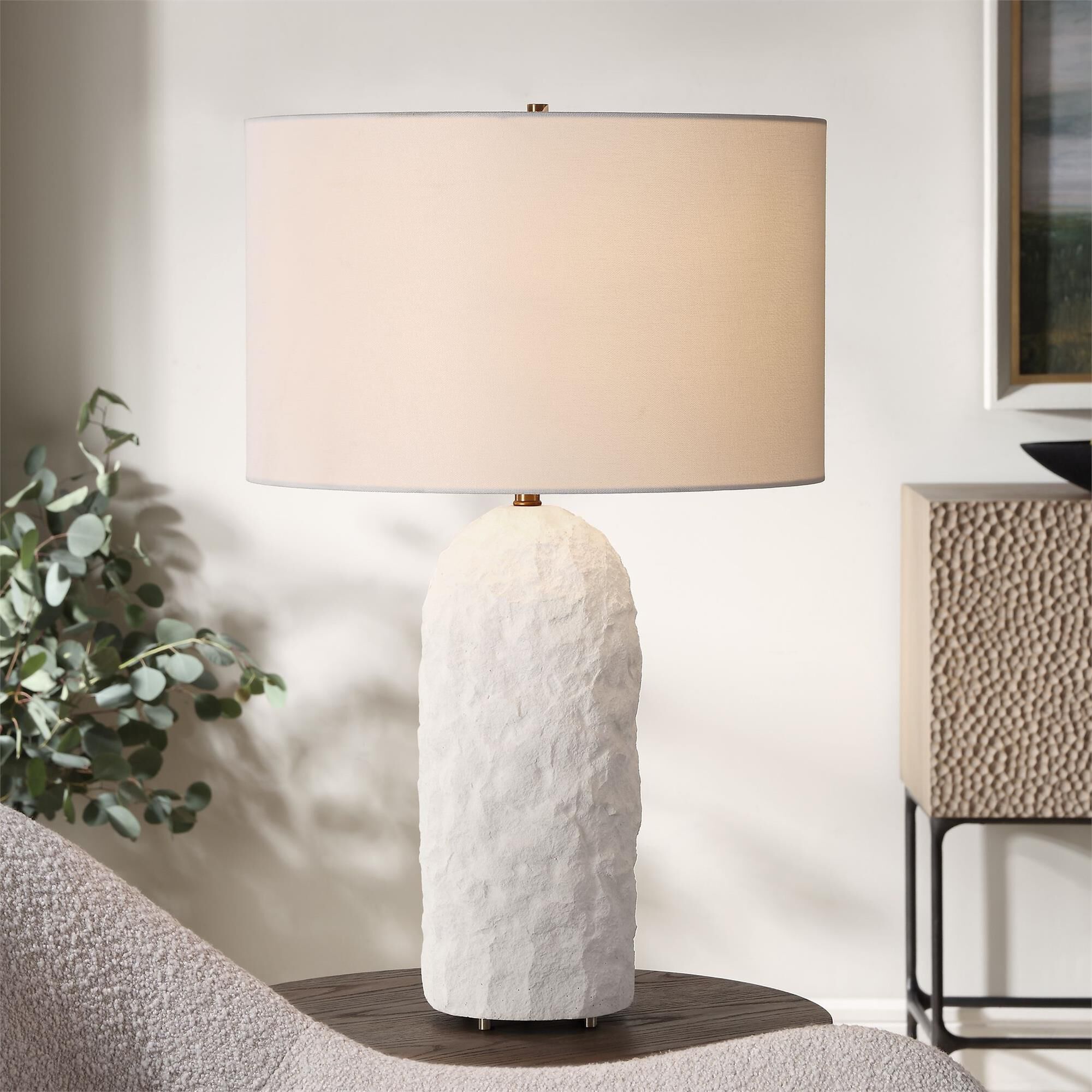 Shown in The Vieste Table Lamp Is Elegantly Poised And Organically Textured With A White Sandstone Base, This finish and Round Drum Hardback shade