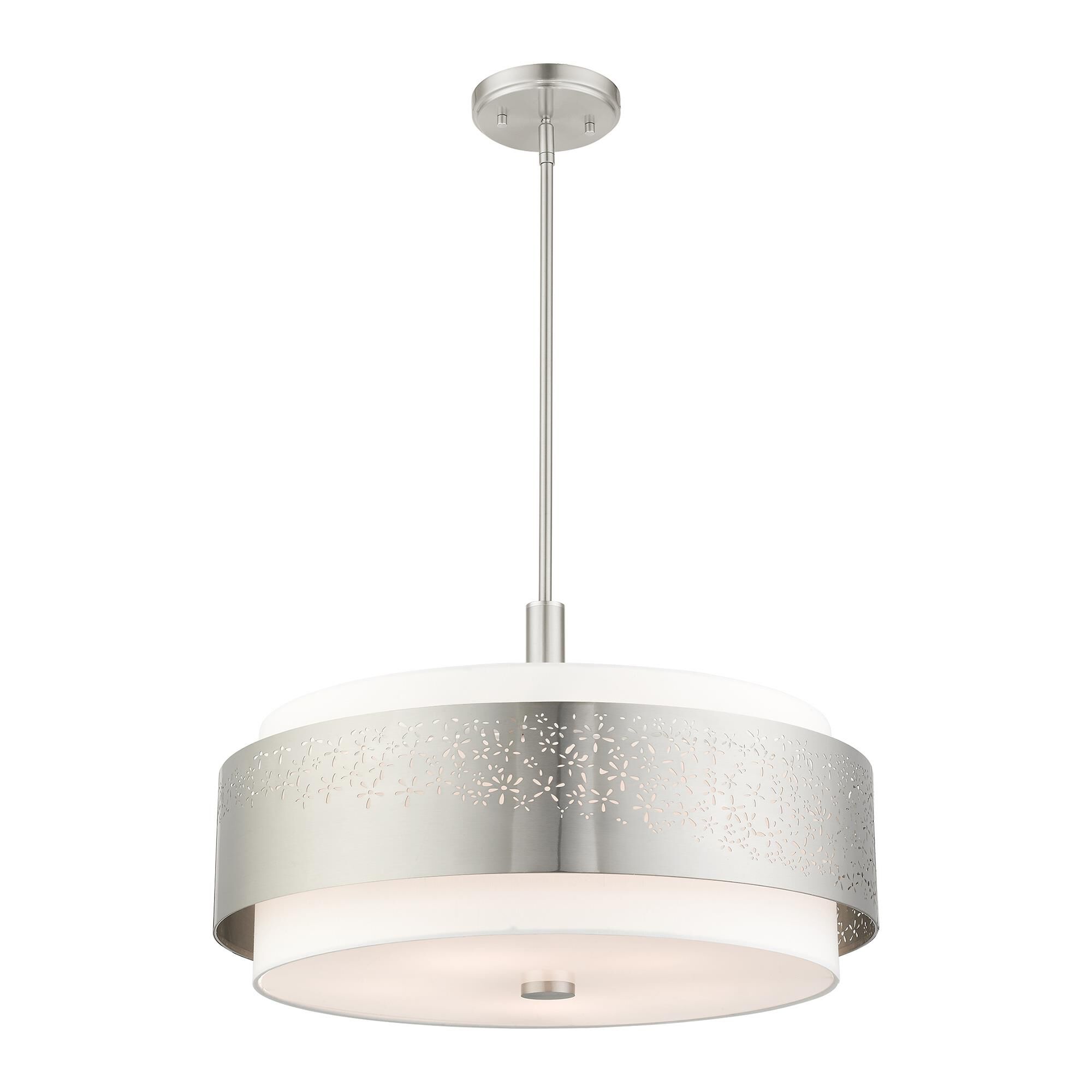 Shown in Brushed Nickel finish and Hand Crafted Hardback  Completely Finished With Off-White Color Fabric Outside and Inside shade