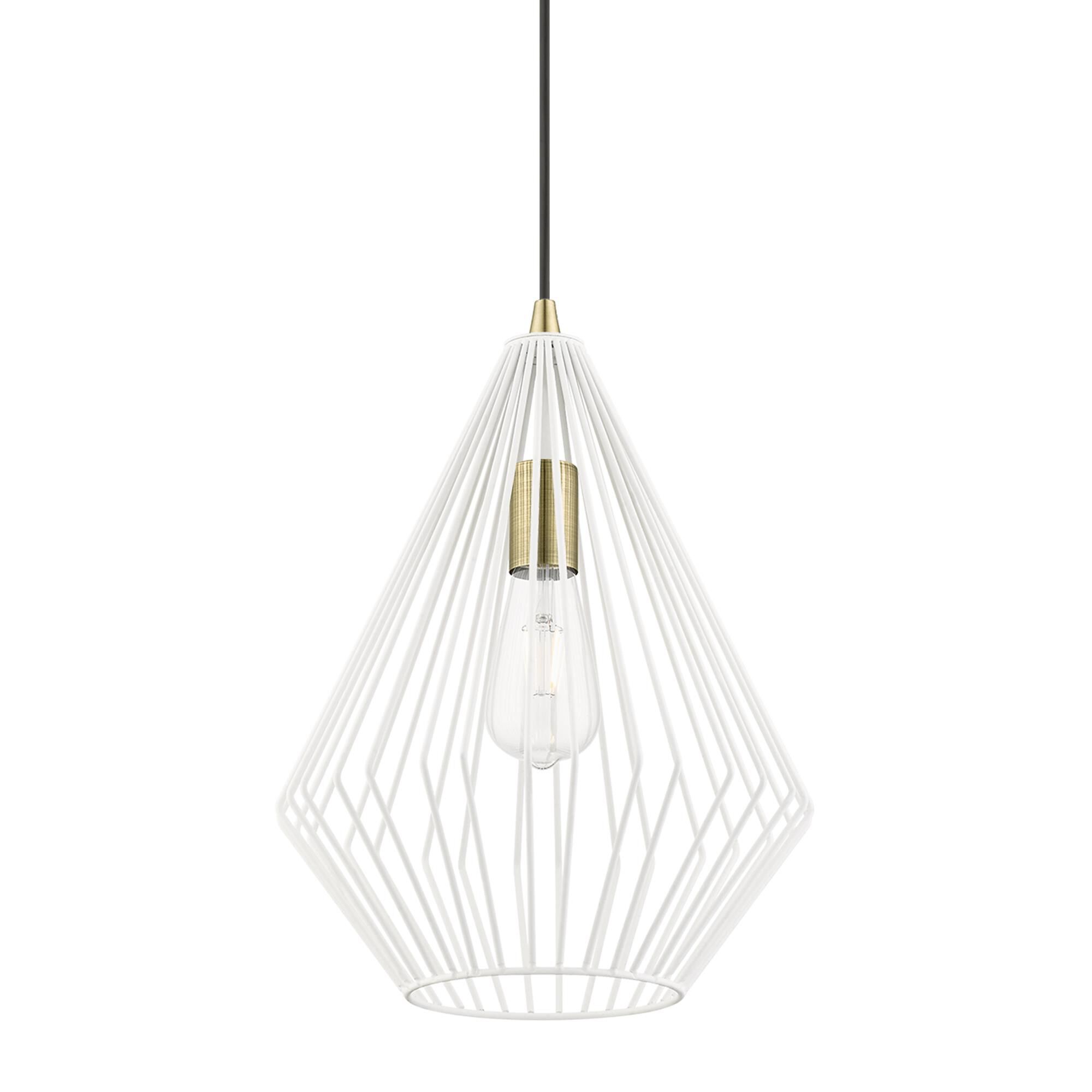 Shown in Textured White with Antique Brass Accents finish and Textured White Metal shade