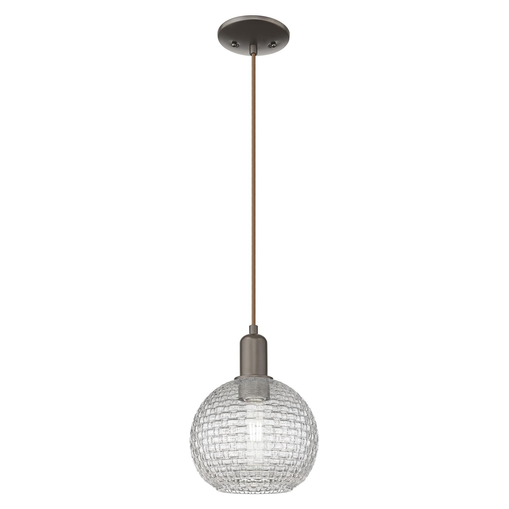 Shown in Oil Rubbed Bronze finish and Clear Basketweave glass