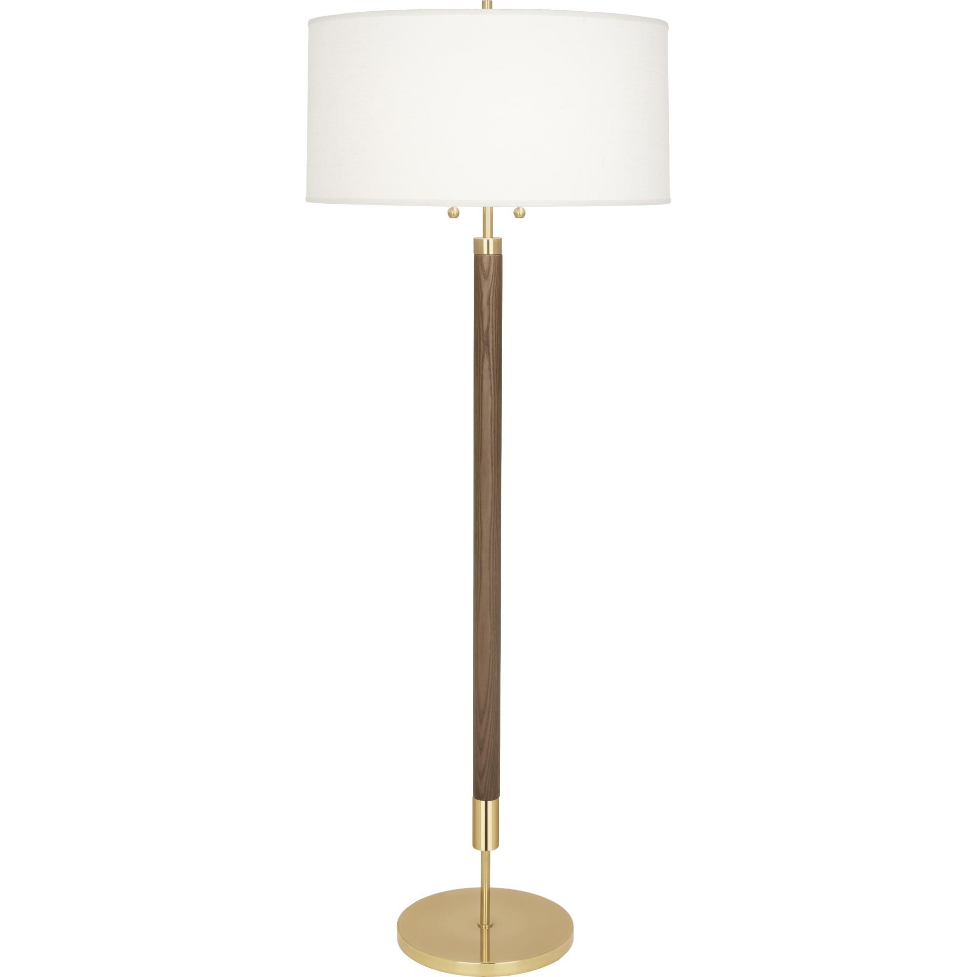 Shown in Modern Brass with Walnuted Wood finish and Oyster Linen shade