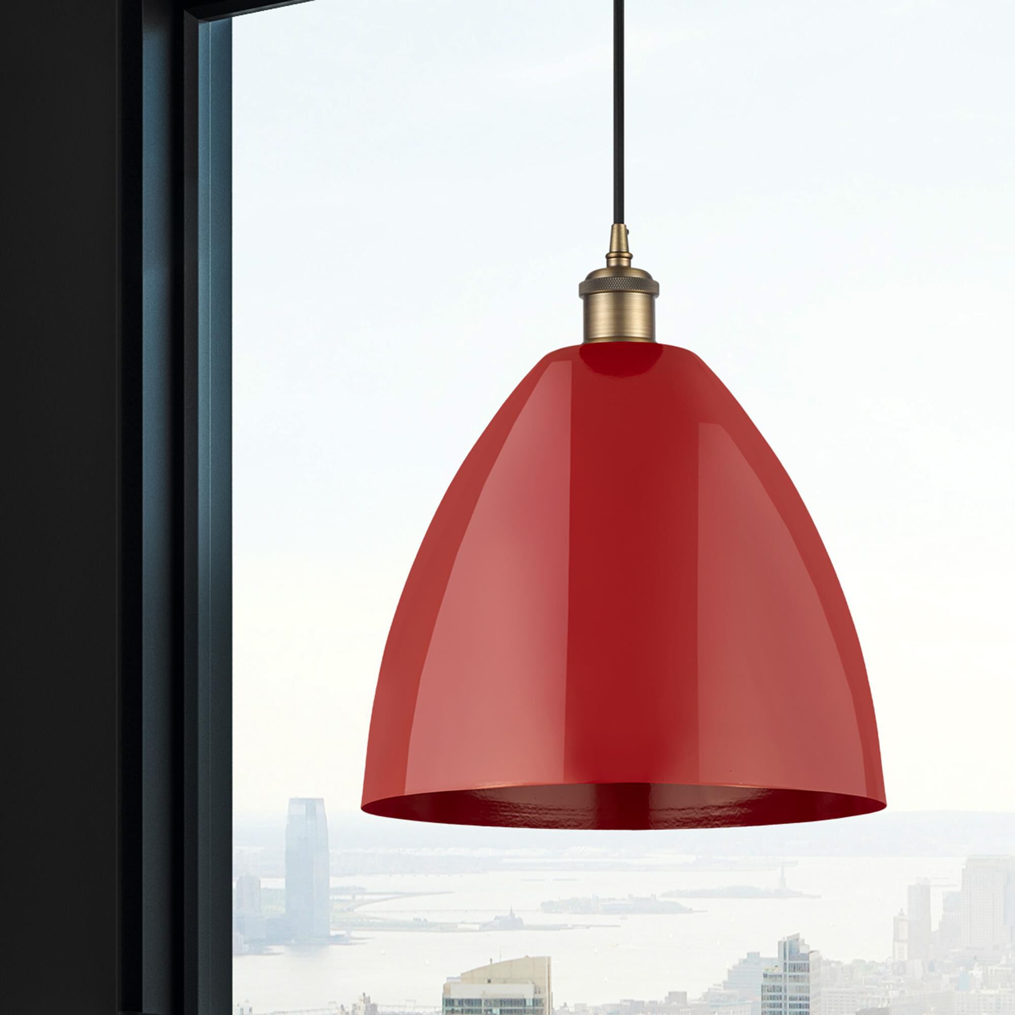 Shown in Brushed Brass finish and Red Plymouth Dome shade