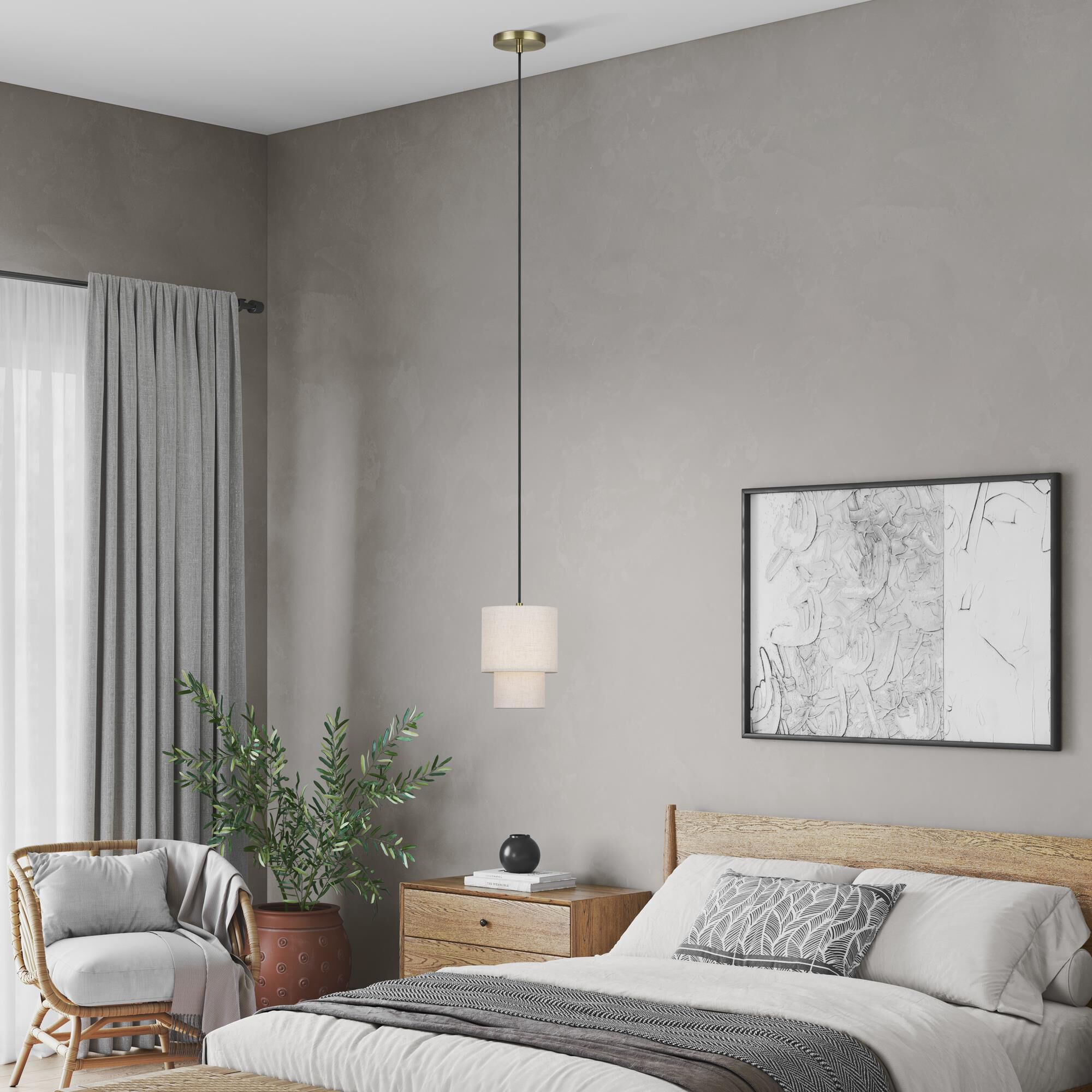 Shown in Antique Brass finish and Hand Crafted Oatmeal Color Fabric with White Color Inside shade