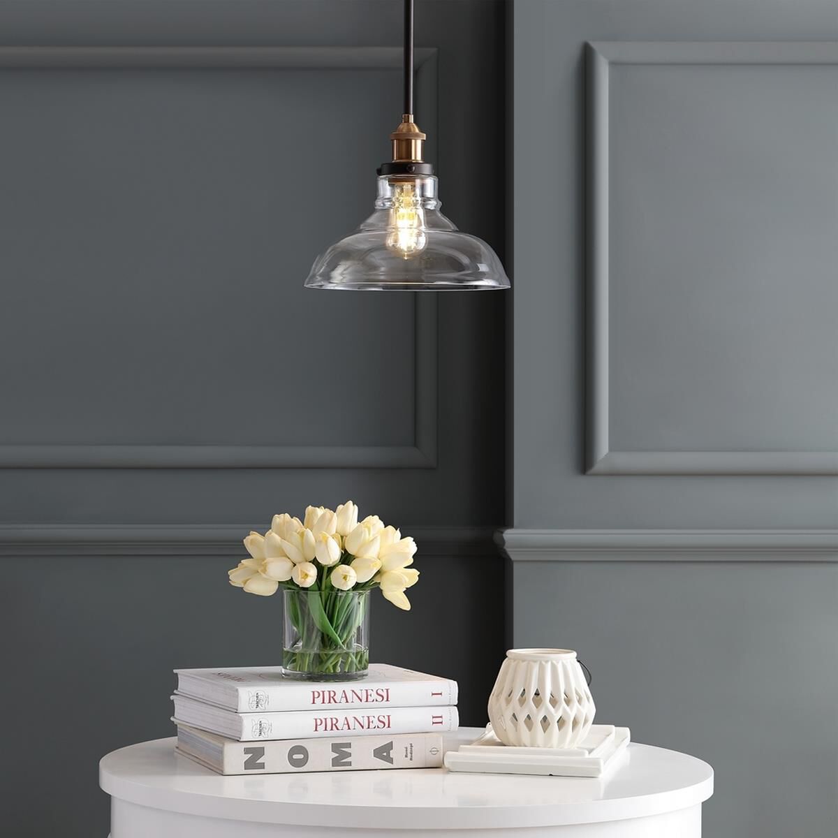 Shown in Dark Grey and Brass Gold finish and Clear glass