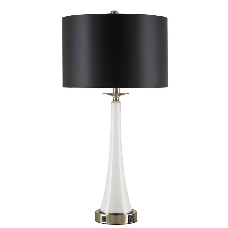 Shown in Satin Nickel, White finish and Black Shantung shade