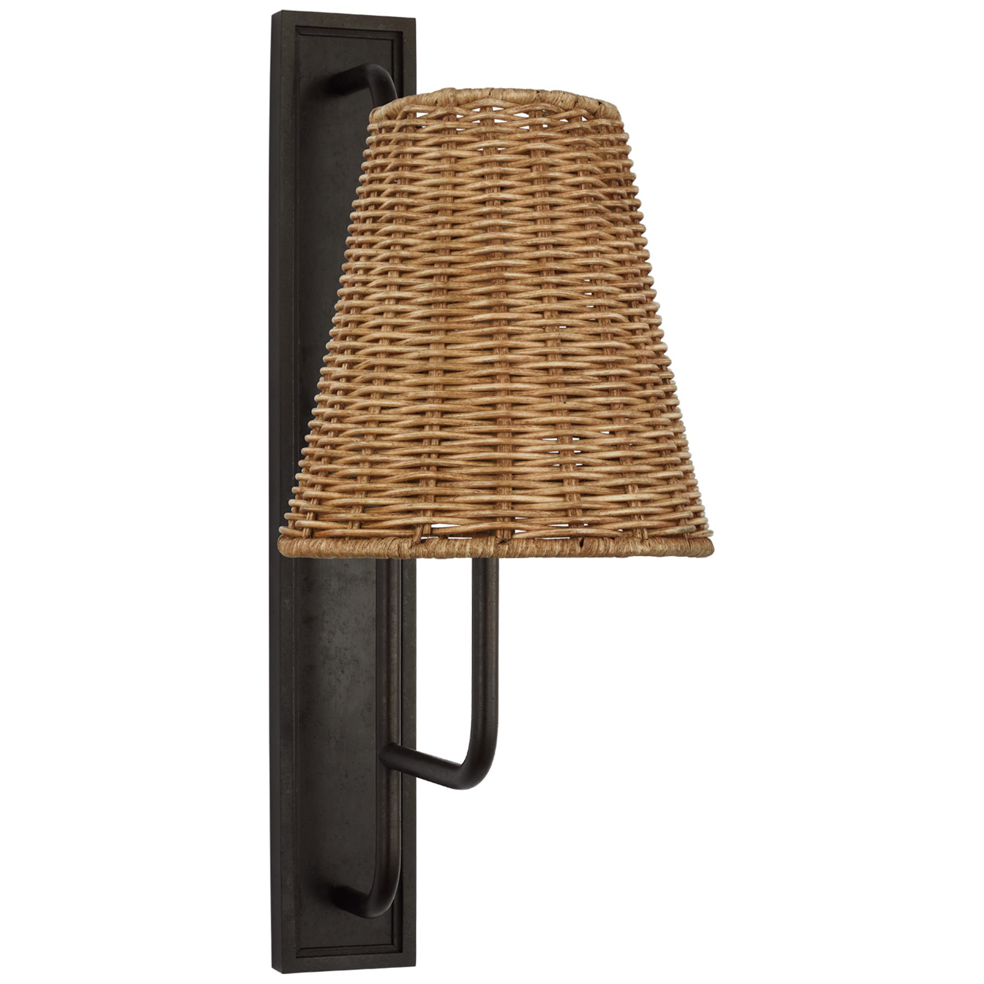 Shown in Aged Iron finish and Natural Wicker shade