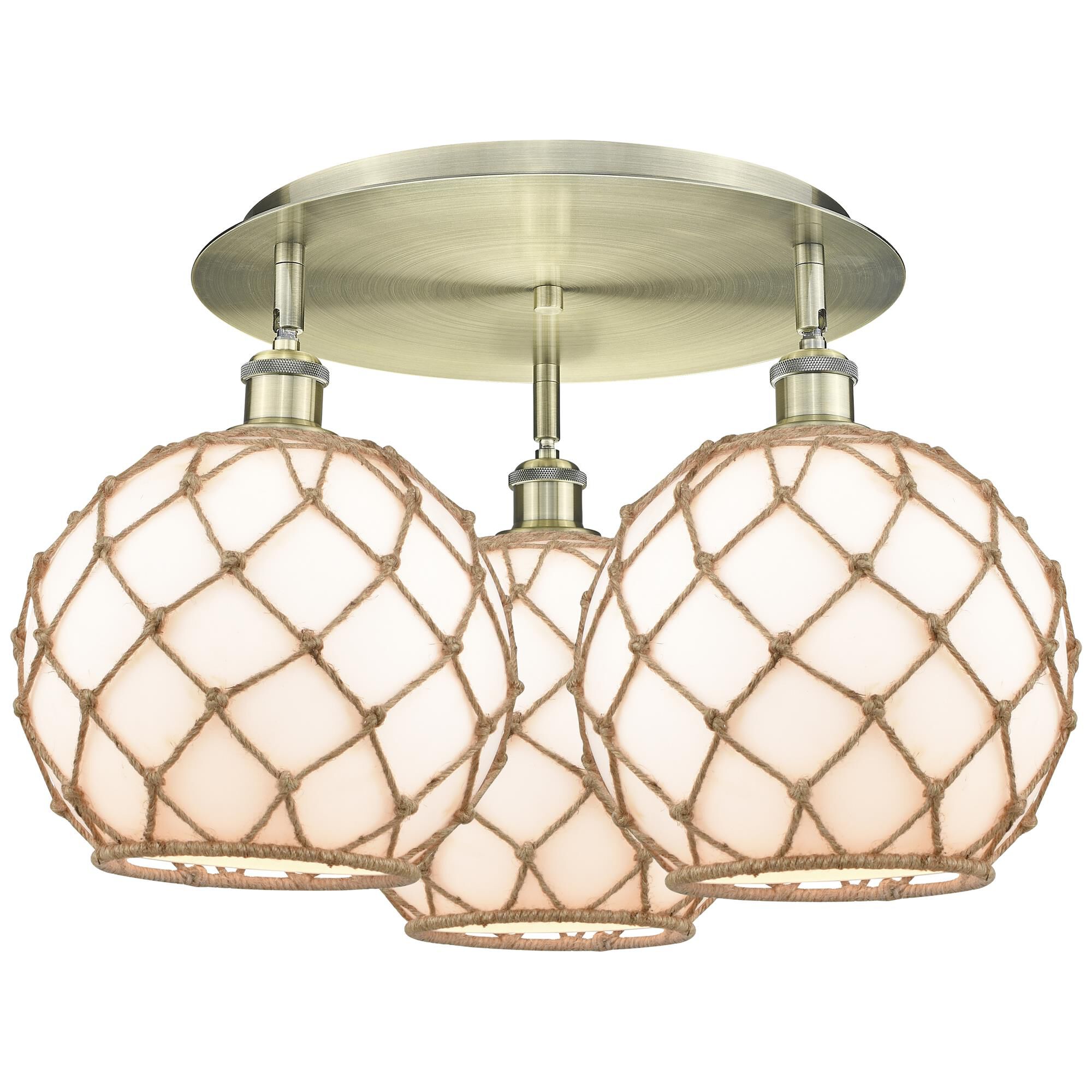 Shown in Antique Brass finish and White with Brown Rope glass