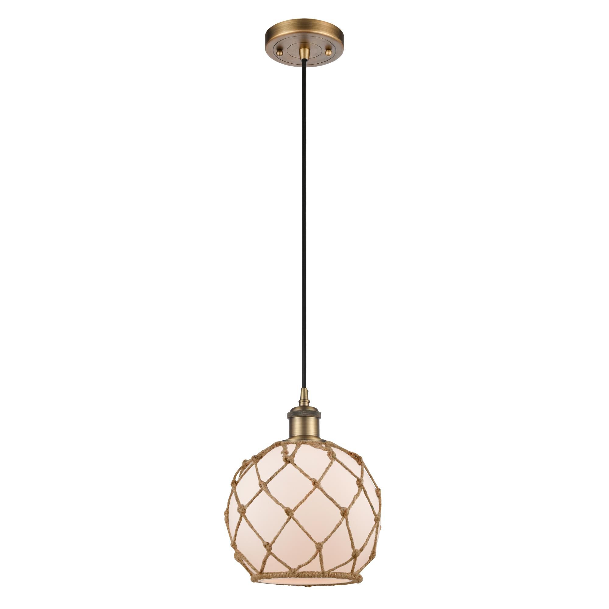 Shown in Brushed Brass finish and White Farmhousewith Brown Rope glass