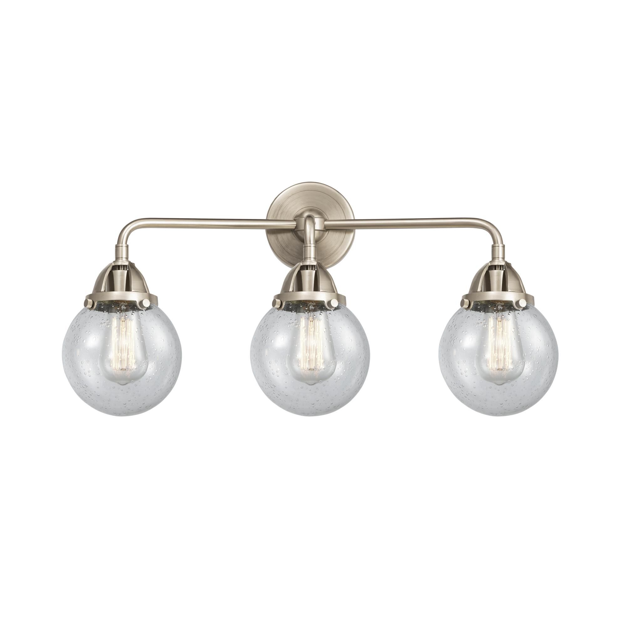 Shown in Brushed Satin Nickel finish and Seedy Globe glass and No Shade shade