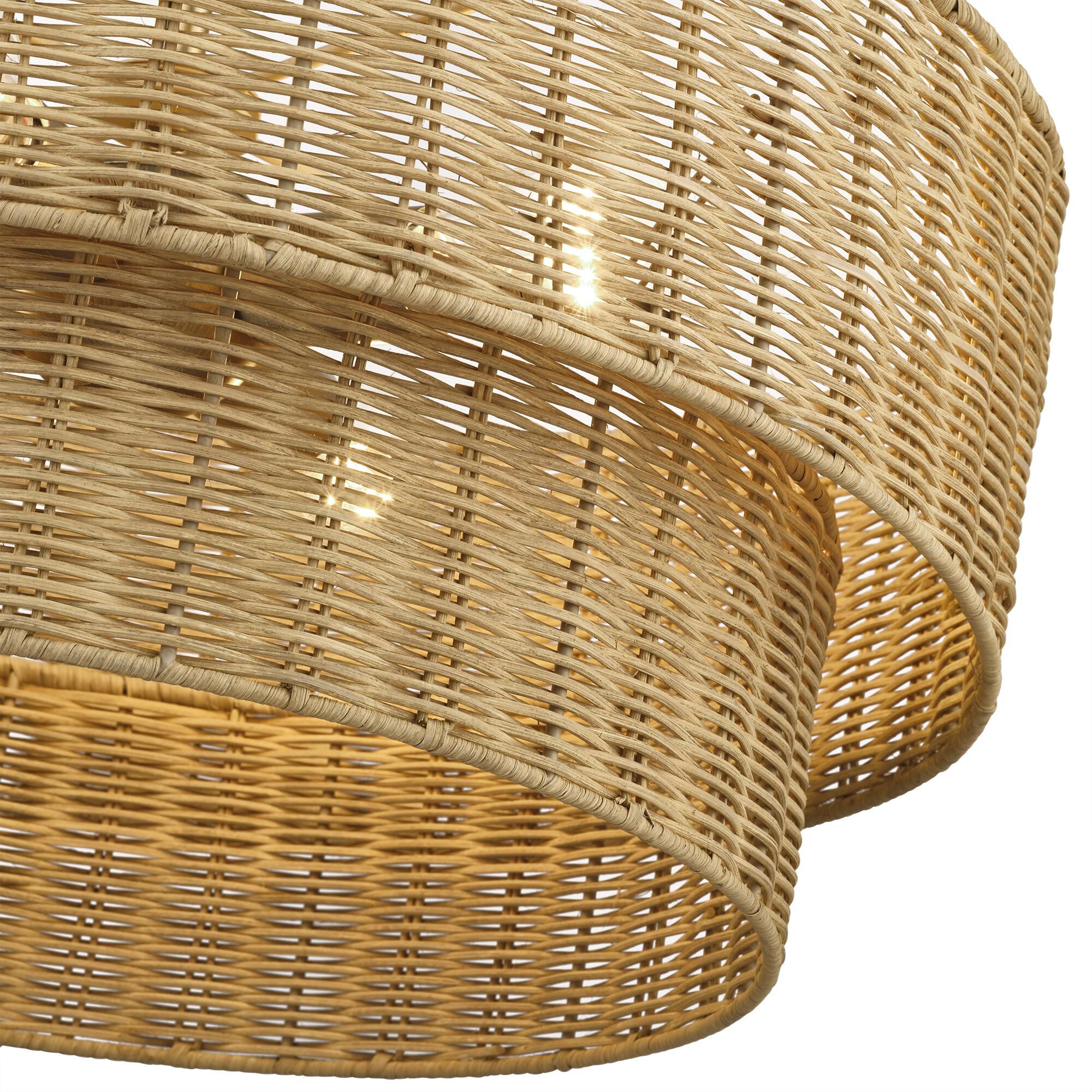 Shown in Antique Gold Leaf finish and Hand-Woven Rustic Walnut Color Rattan shade