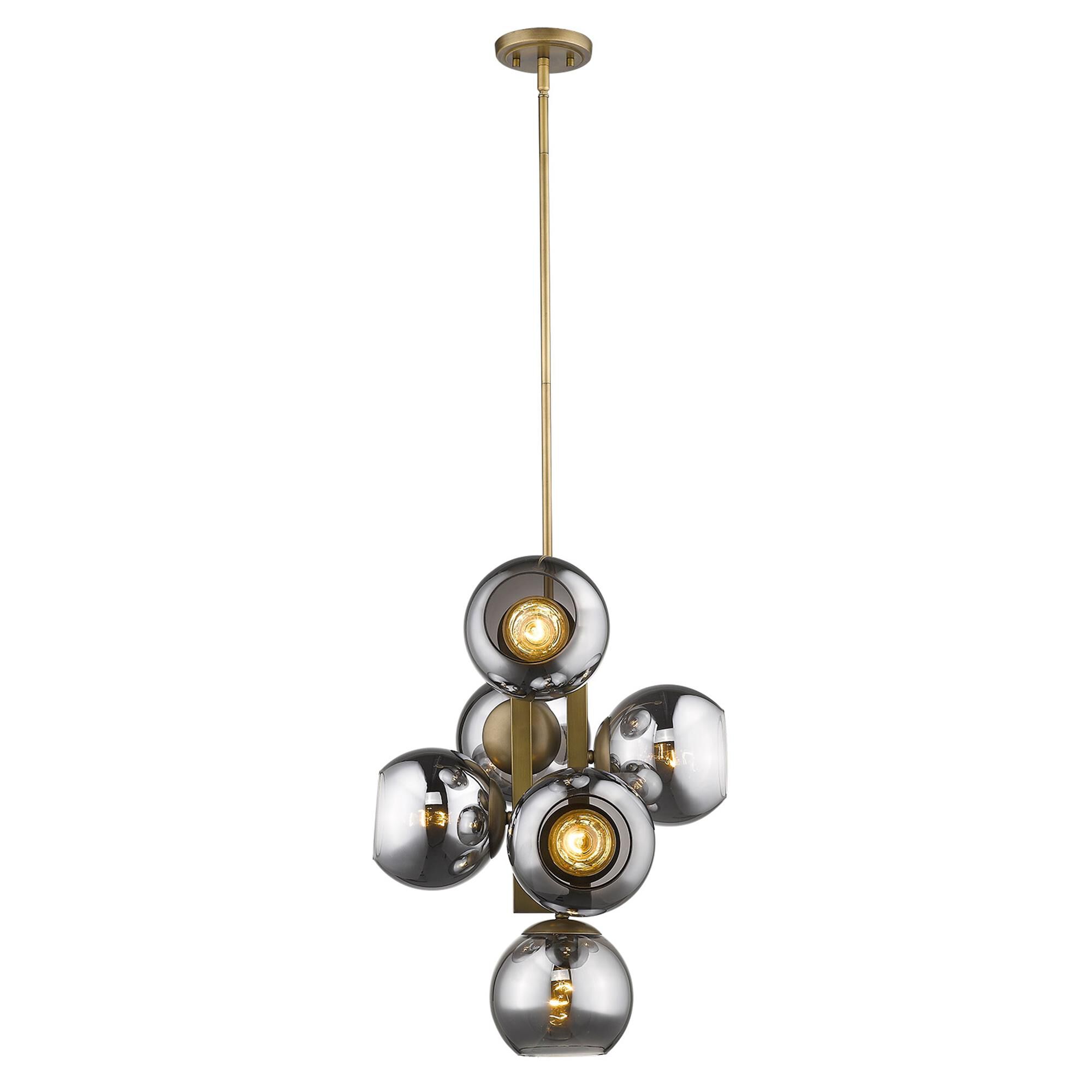 Shown in Aged Brass finish and Smoke glass and Smoke Glass Globes shade