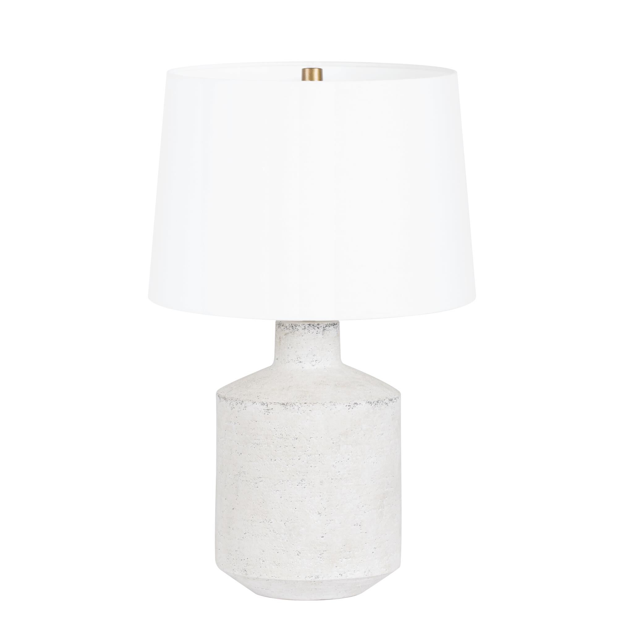 Shown in Patina Brass finish and White Linen shade