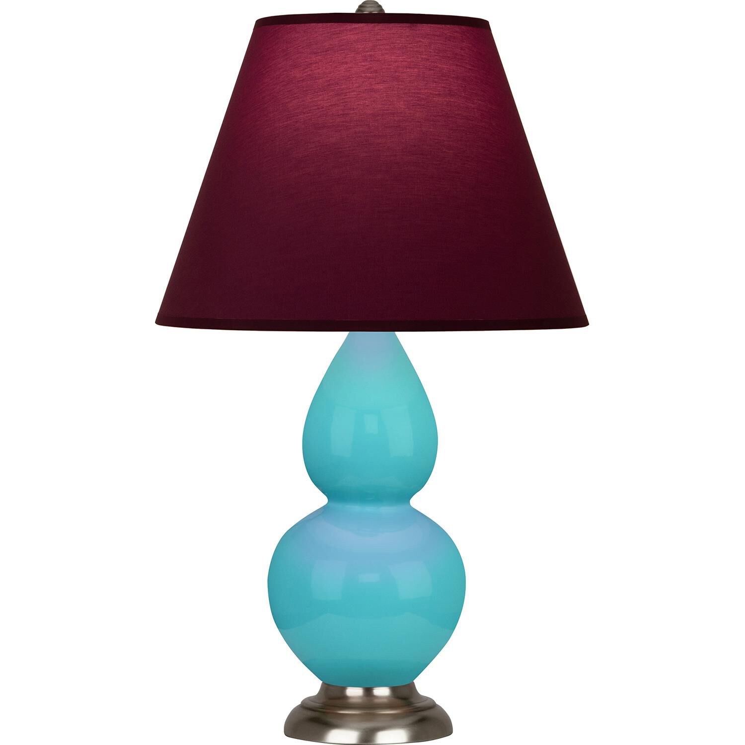 Shown in Egg Blue finish and Plum and Lavender shade and Antique Silver accent