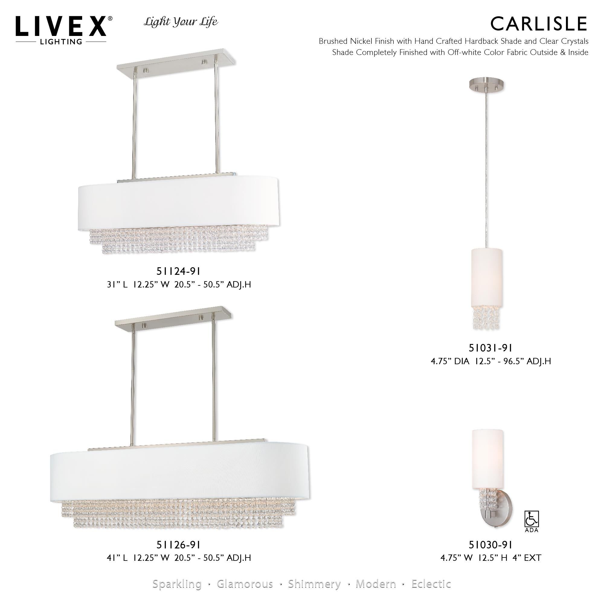 Shown in Brushed Nickel finish and Clear Crystals with Hand Crafted Off-White Fabric Hardback shade