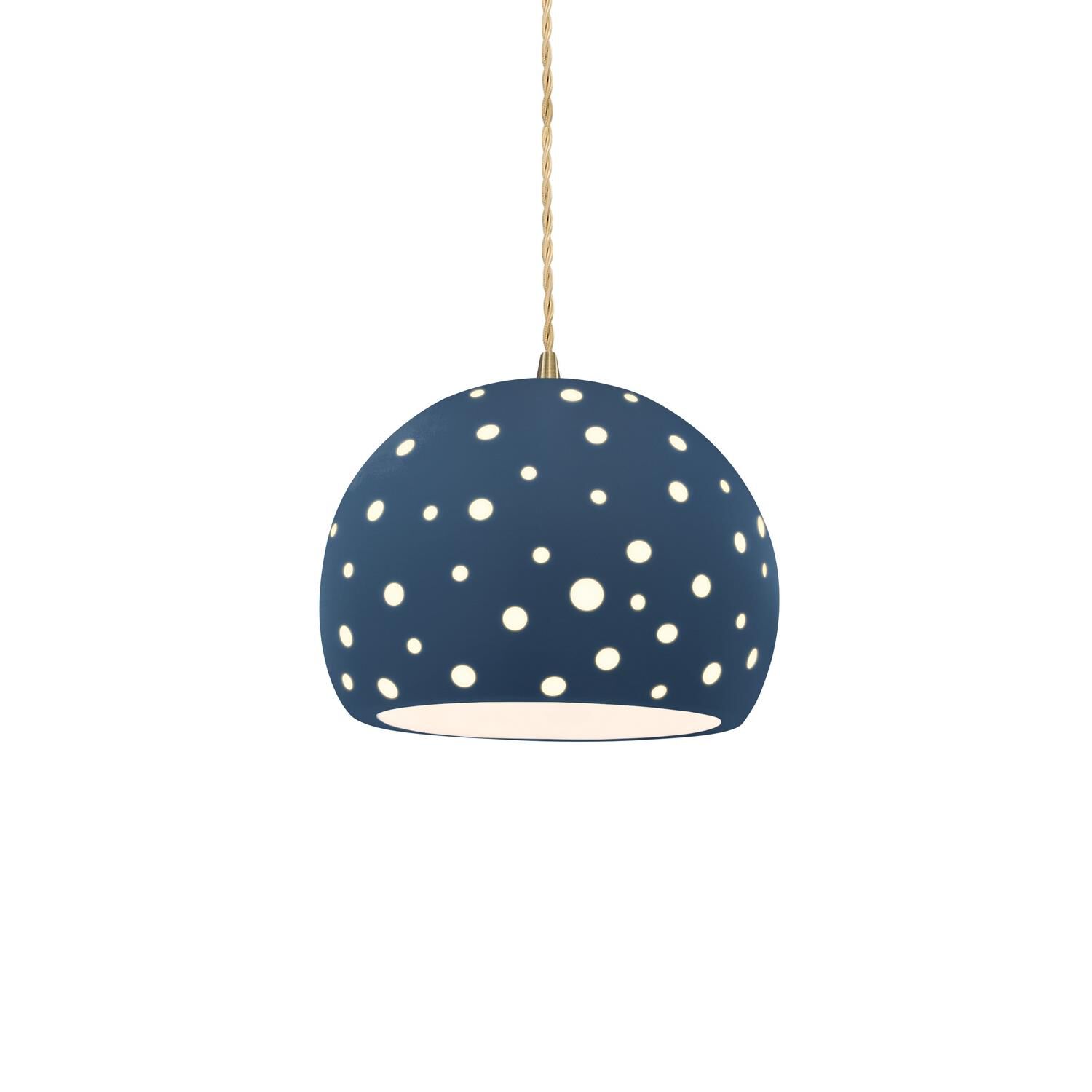Shown in Antique Brass finish and Midnight Sky shade