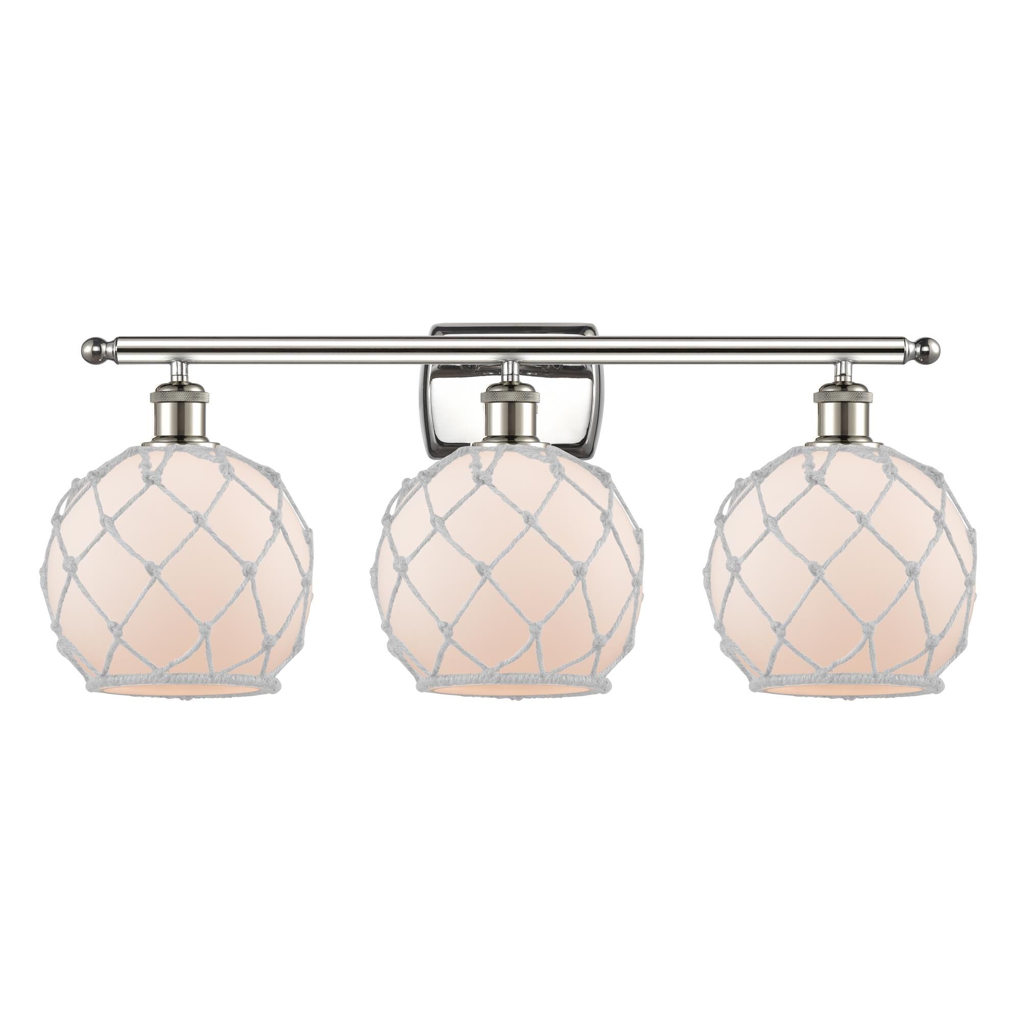 Shown in Polished Nickel finish and Cased Matte White glass and White Rope accent