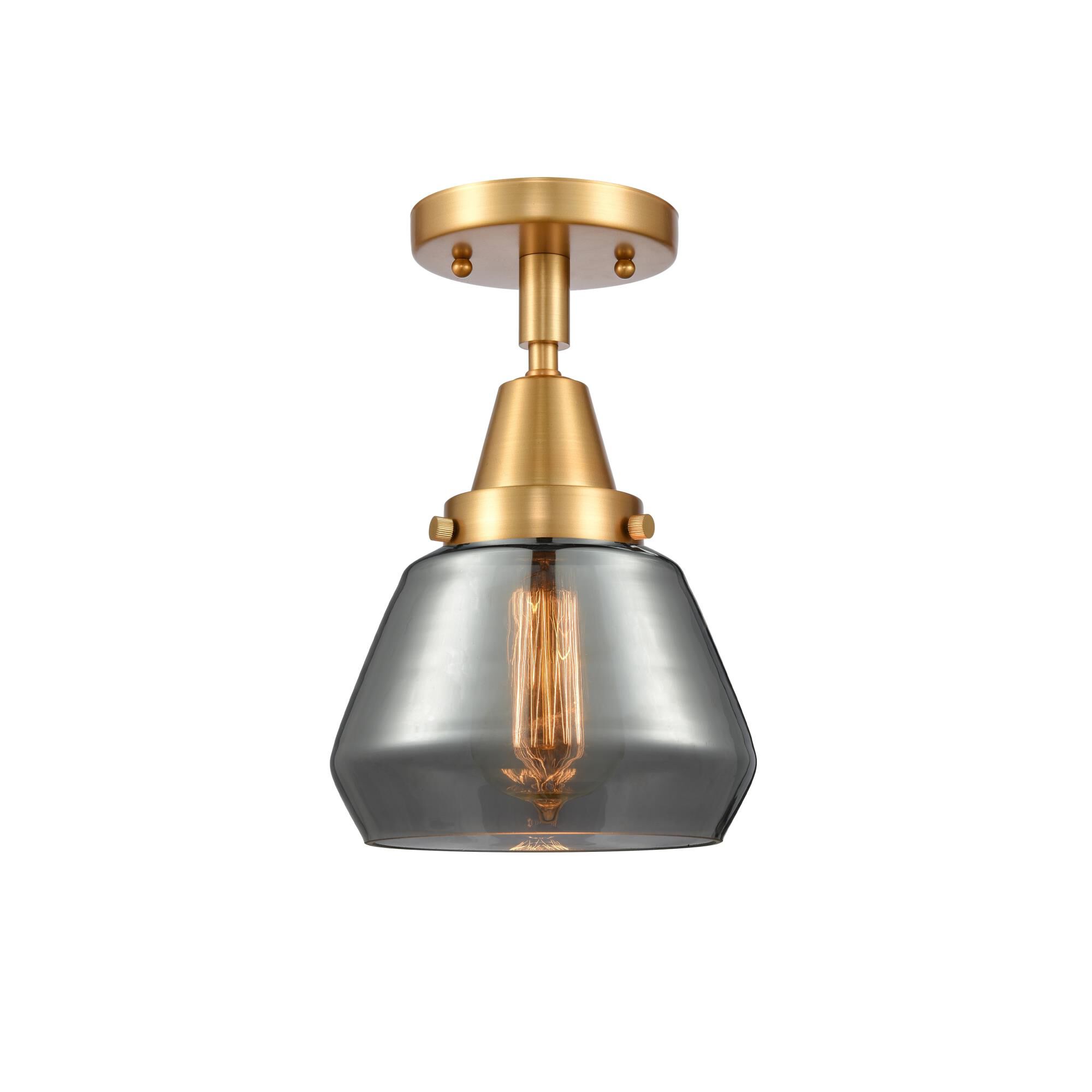 Shown in Satin Gold finish and Plated Smoke Fulton glass