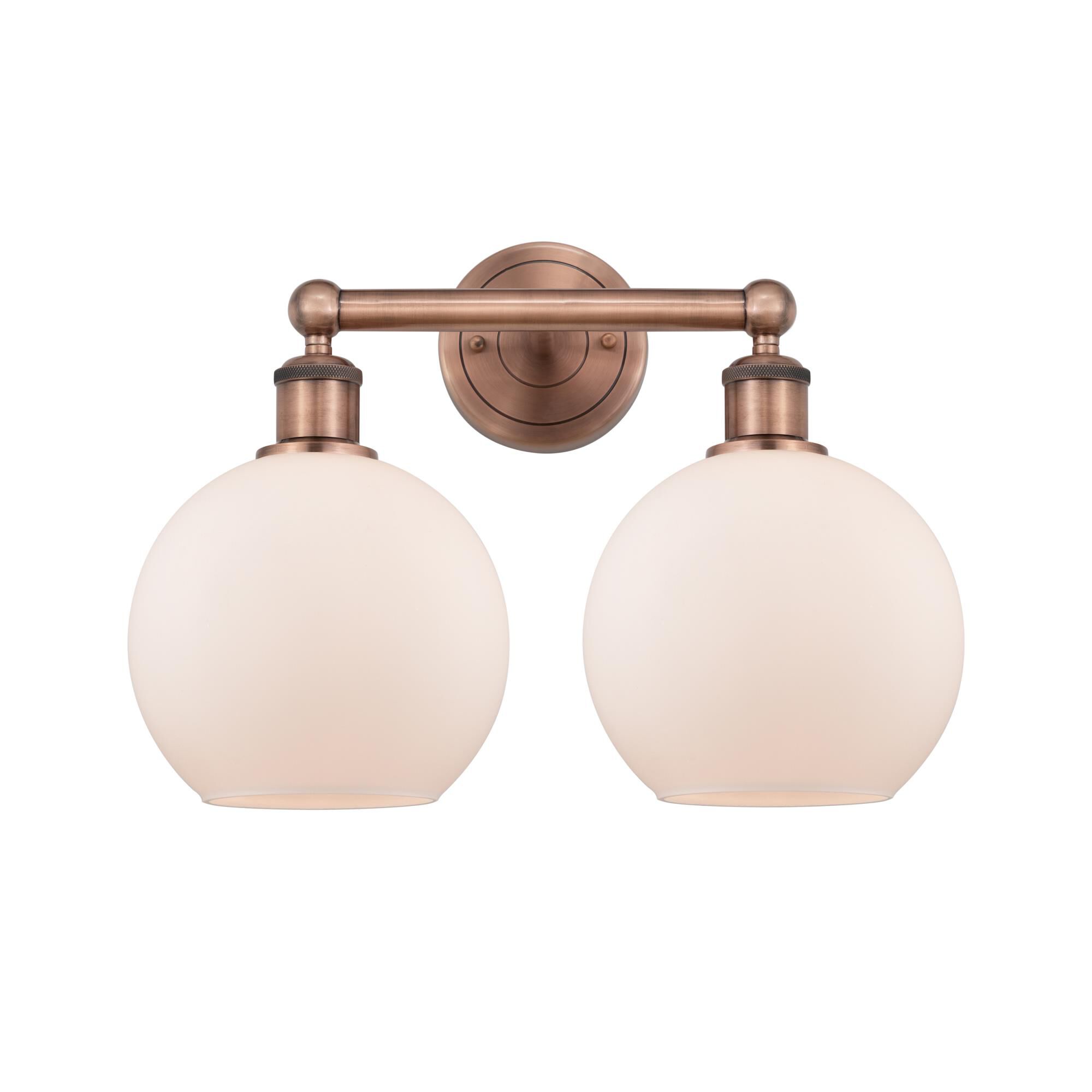 Shown in Antique Copper finish and Matte White glass