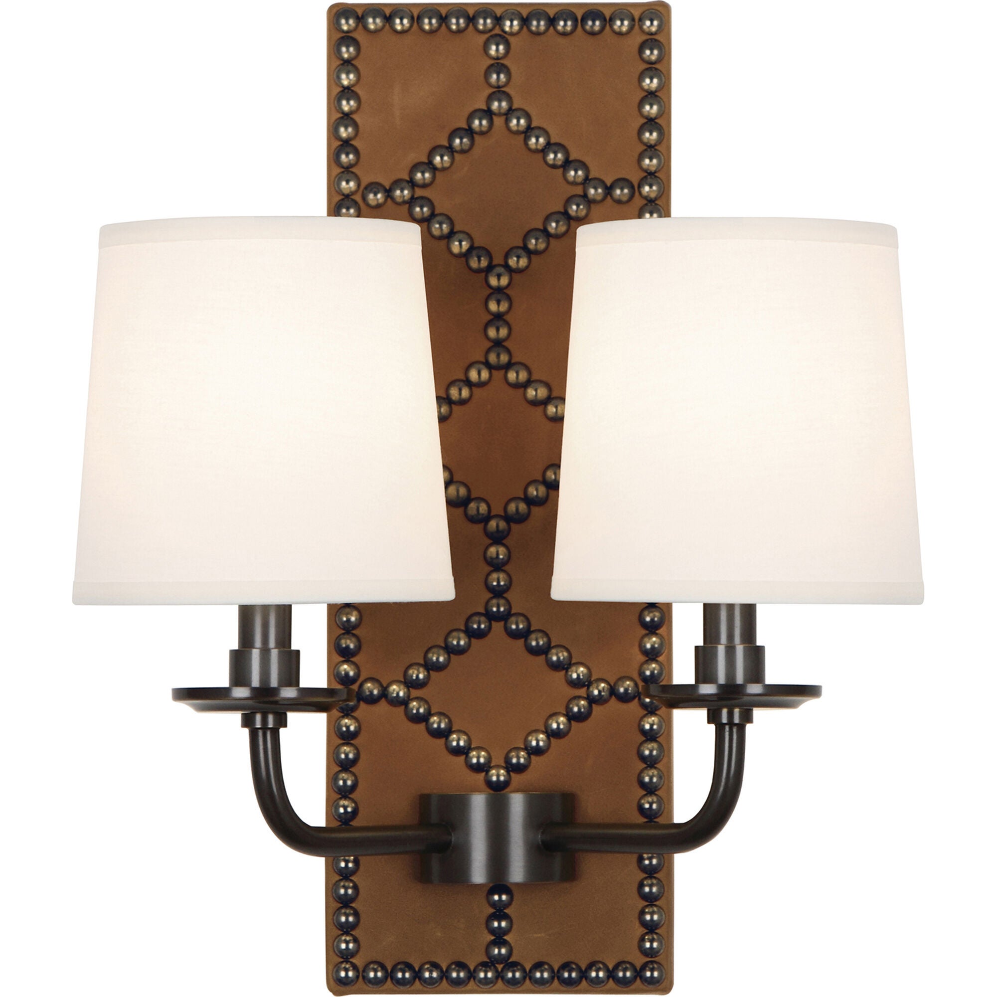 Shown in Upholstered English Ochre Leather And Deep Patina Bronze finish and Fondine Fabric shade