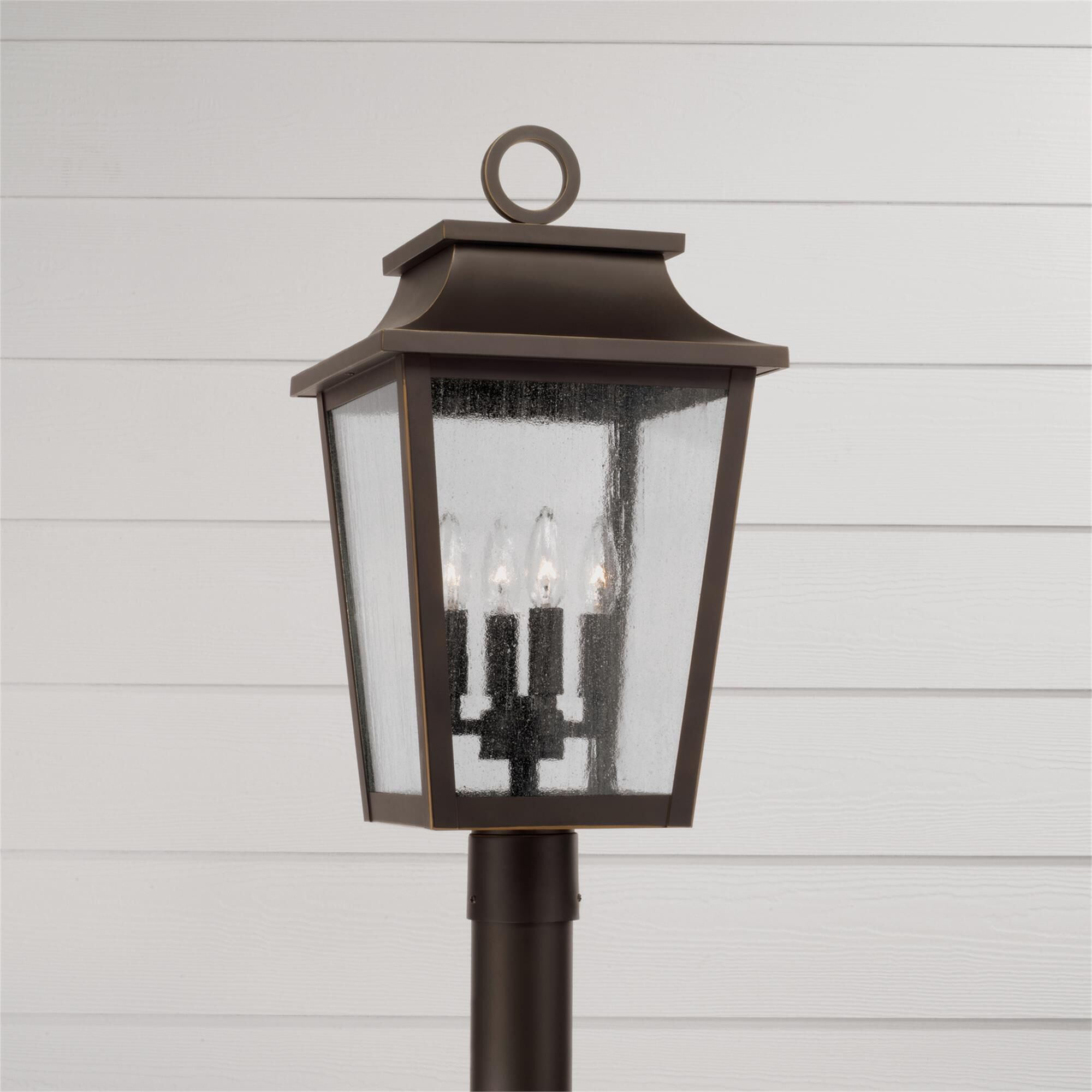 Shown in Oiled Bronze finish and Antiqued glass
