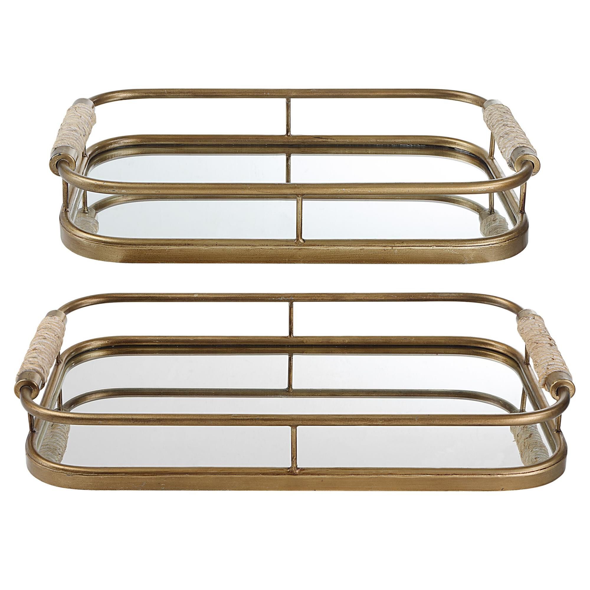 Shown in Set Of Two Metal Trays Are Finished In Brushed Gold With Natural Rope Wrapped Handles And Mirrored B finish