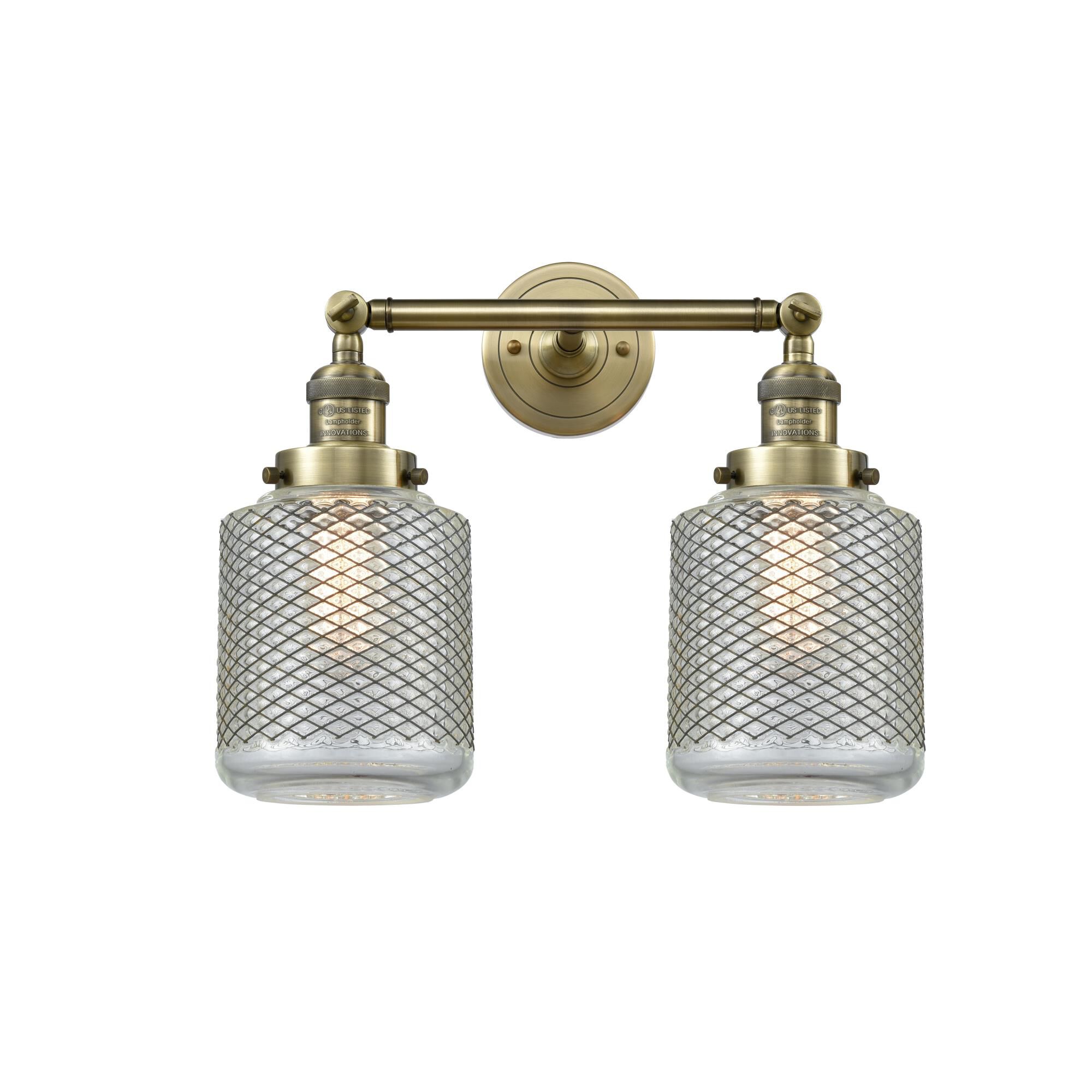 Shown in Antique Brass finish and Clear Wire Mesh glass