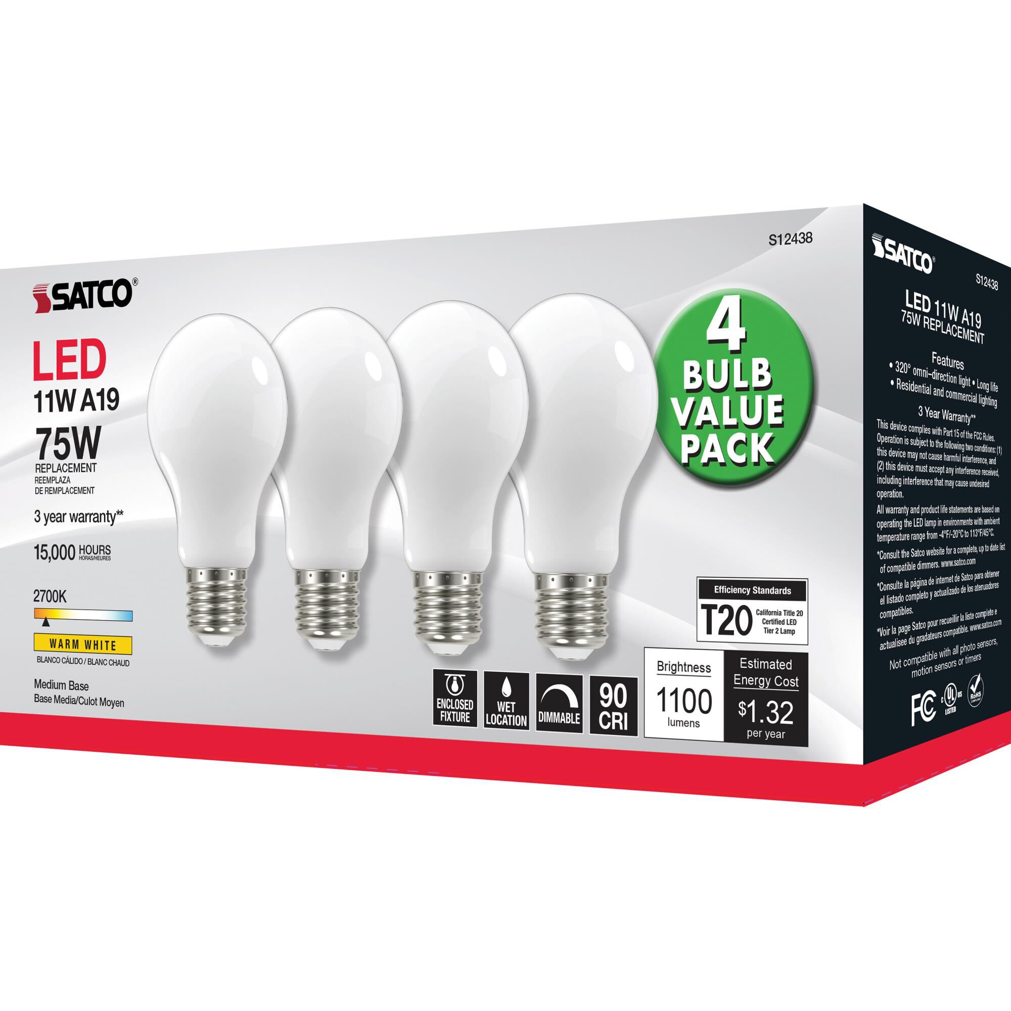 Dimmable 11 Watt 2700K A19 LED Light Bulb by Satco
