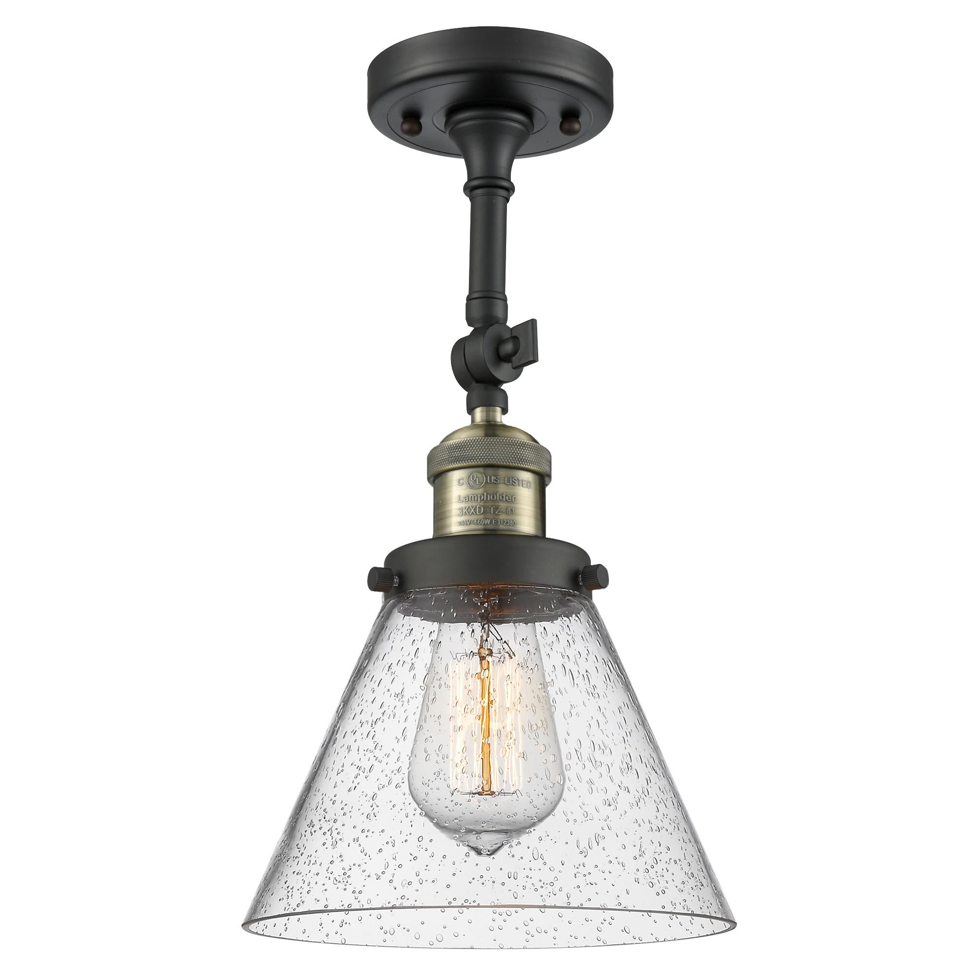 Shown in Black Antique Brass finish and Seedy glass and Brushed Satin Nickel shade and No Accent accent