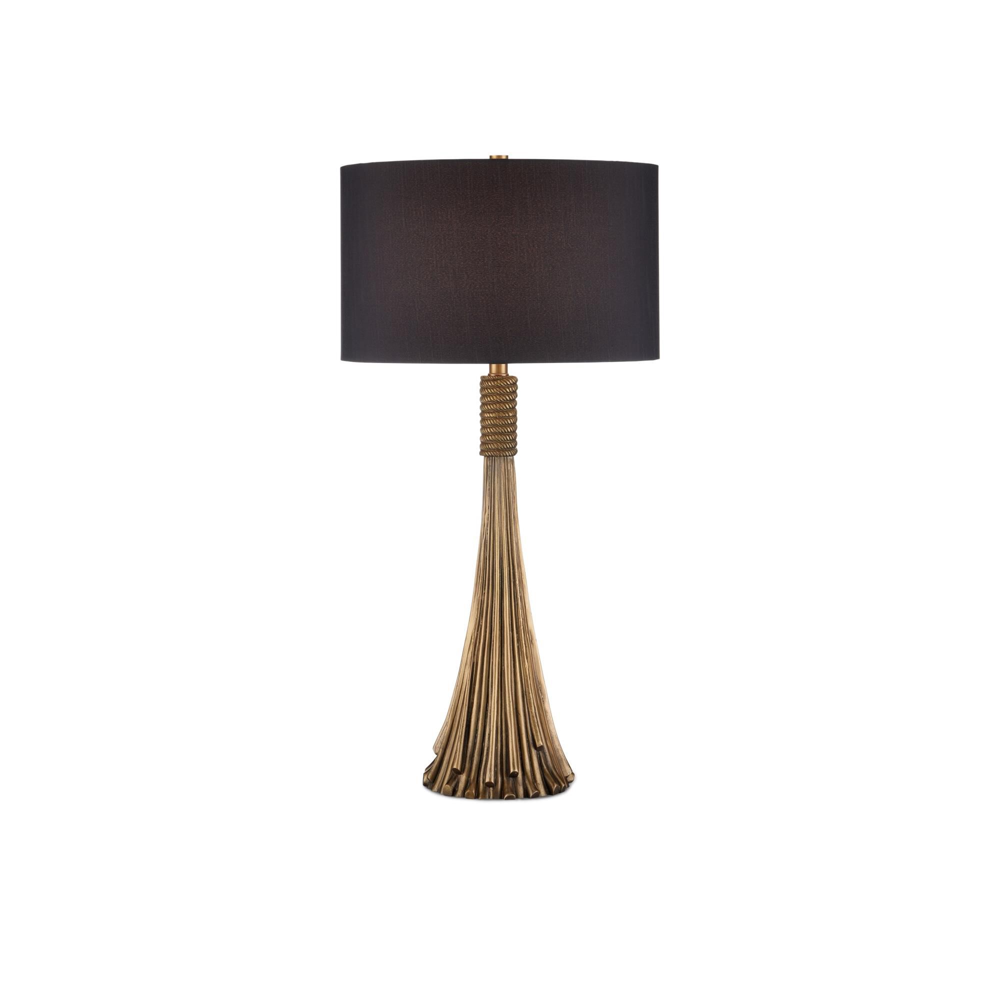 Shown in Antique Brass finish and Black Linen shade