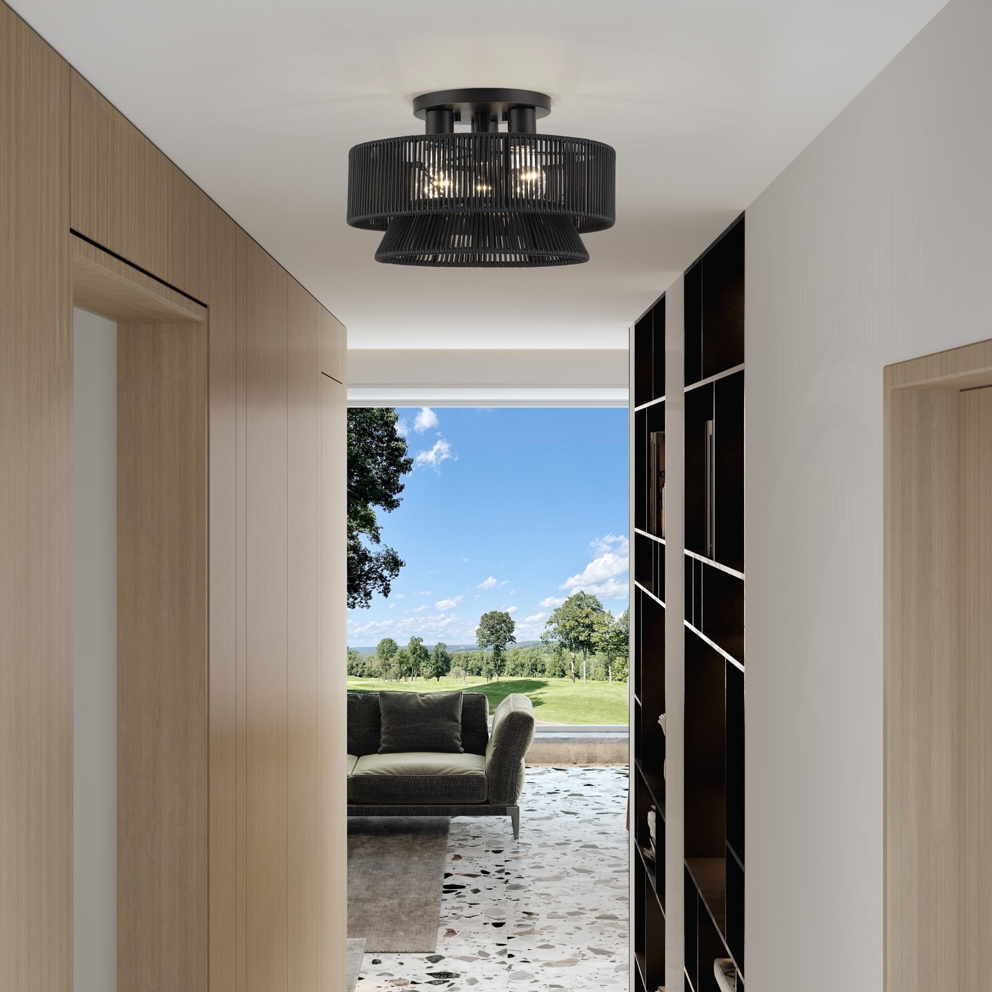 Shown in Black finish and Hand-Woven Parisian Night Color Polyester Rope shade