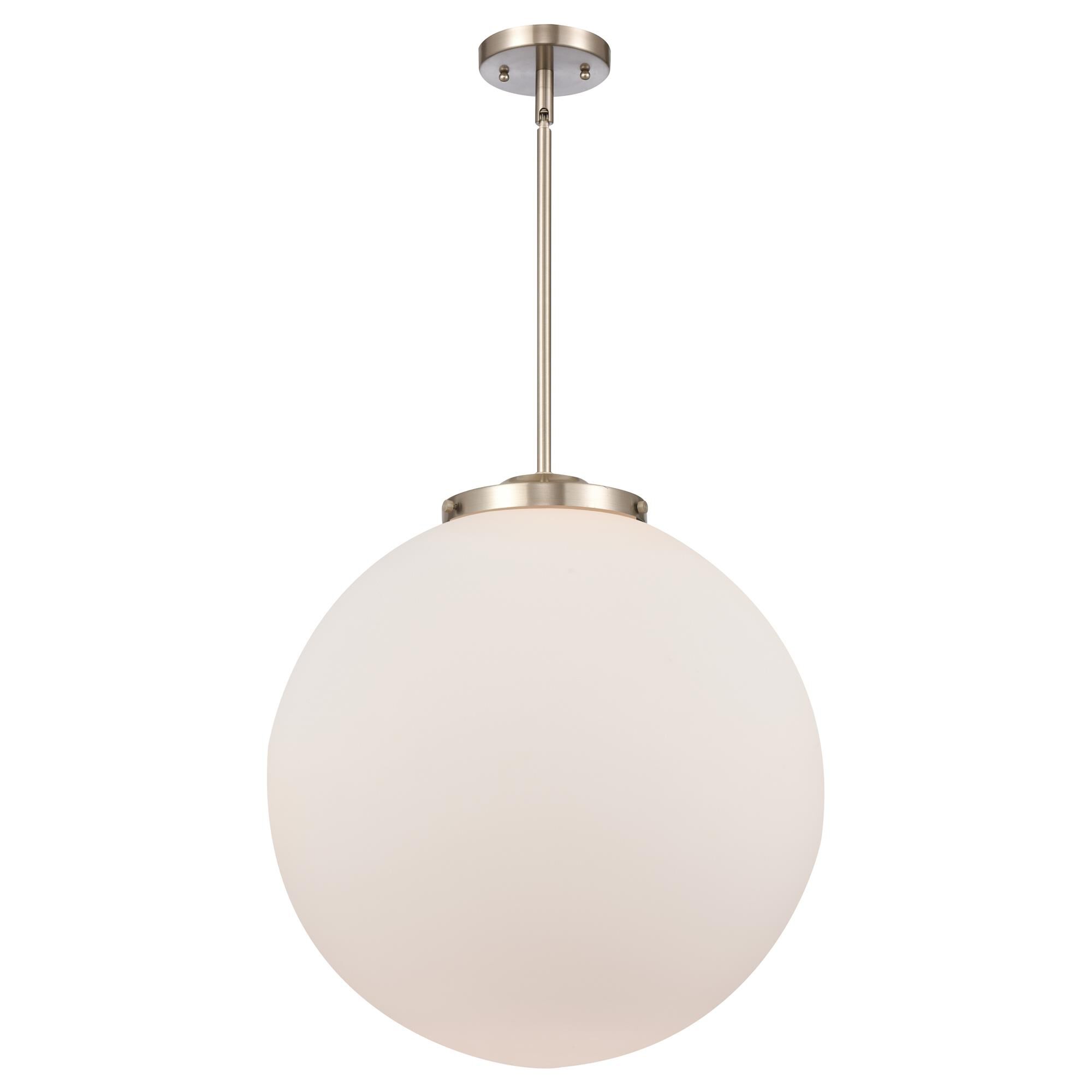 Shown in Brushed Satin Nickel finish and Matte White Cased Beacon glass