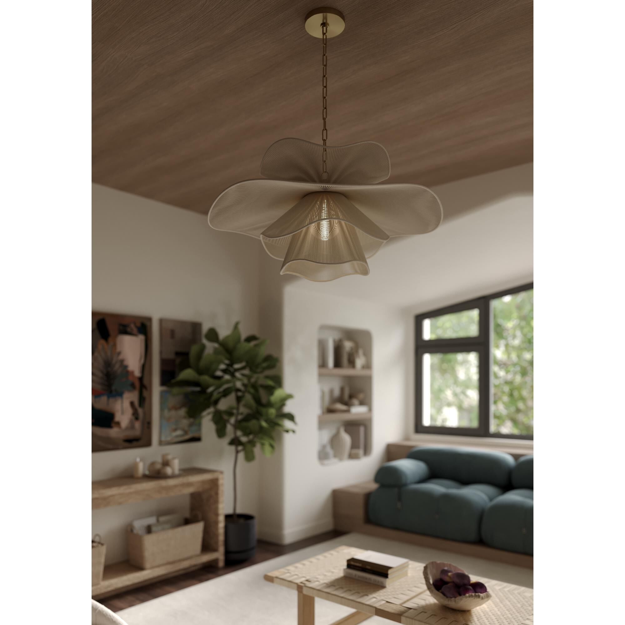 Shown in Aged Brass finish and Cotton String shade