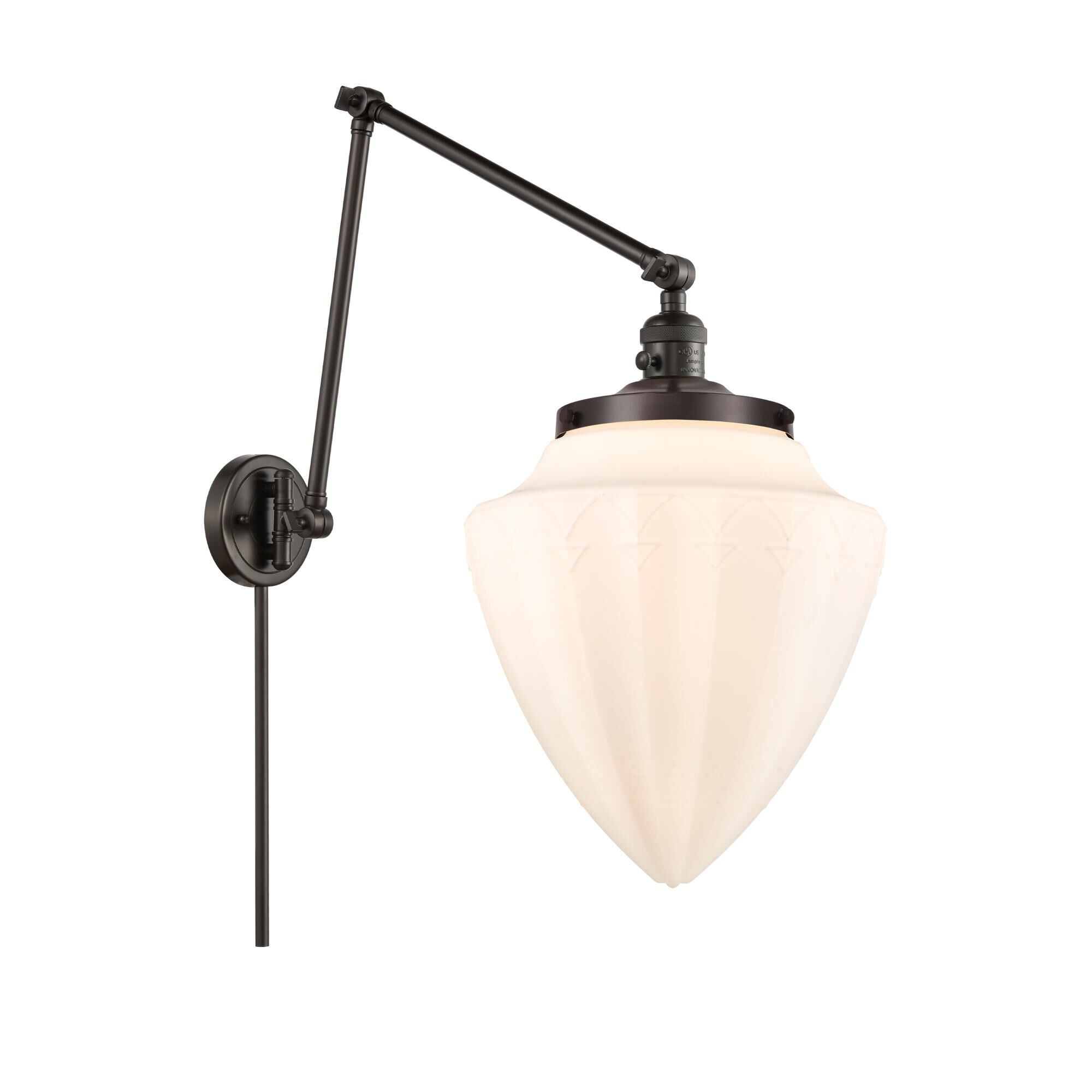 Shown in Oil Rubbed Bronze finish and Matte White glass