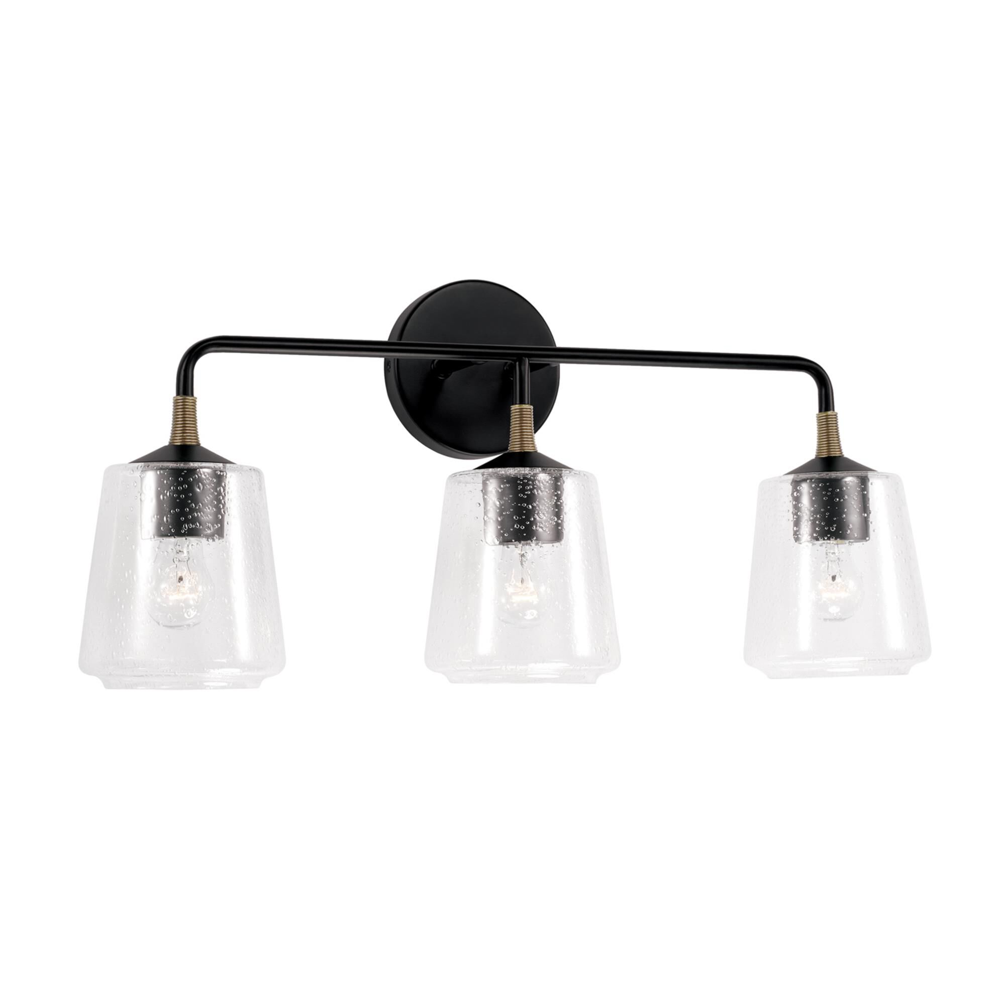 Shown in Matte Black With Brass finish and Clear Seeded glass