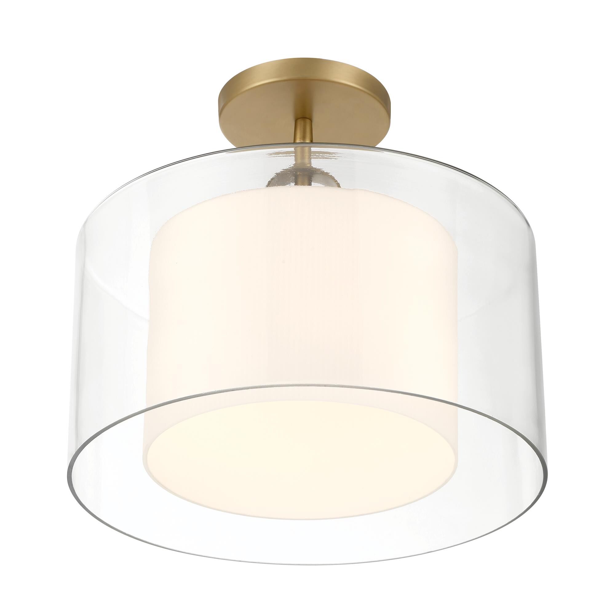 Shown in Legacy Brass finish and Clear and Etched Opal glass