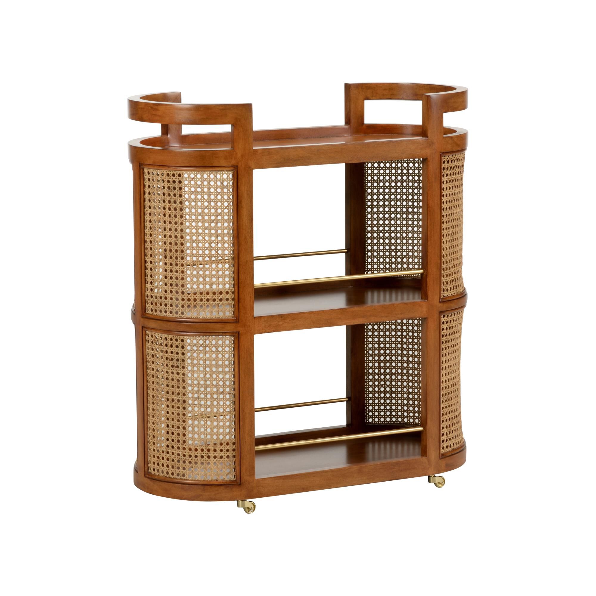 Wooden bar cart with woven sides on a plain white background.