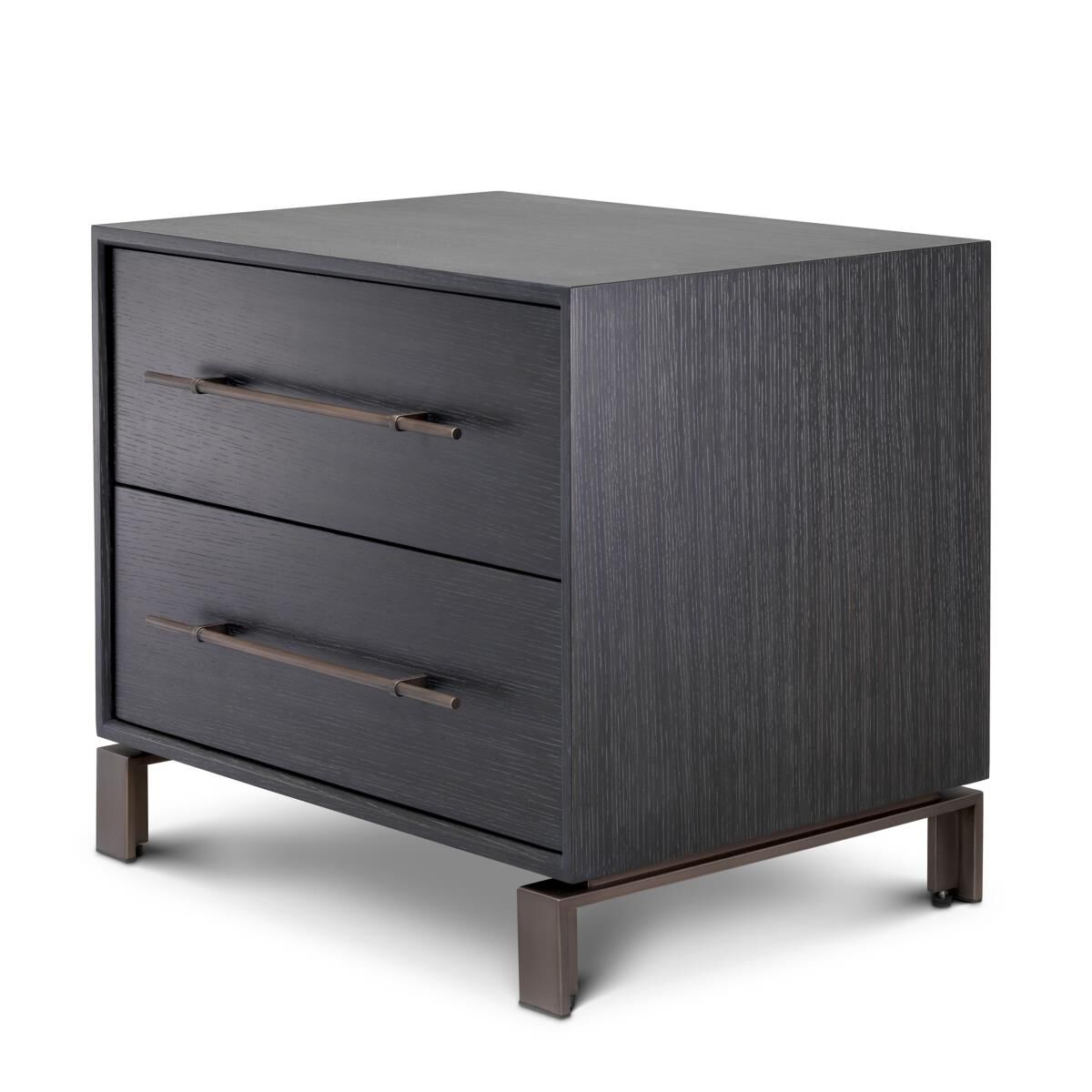 A dark rectangular cabinet with two drawers and a chevron pattern.