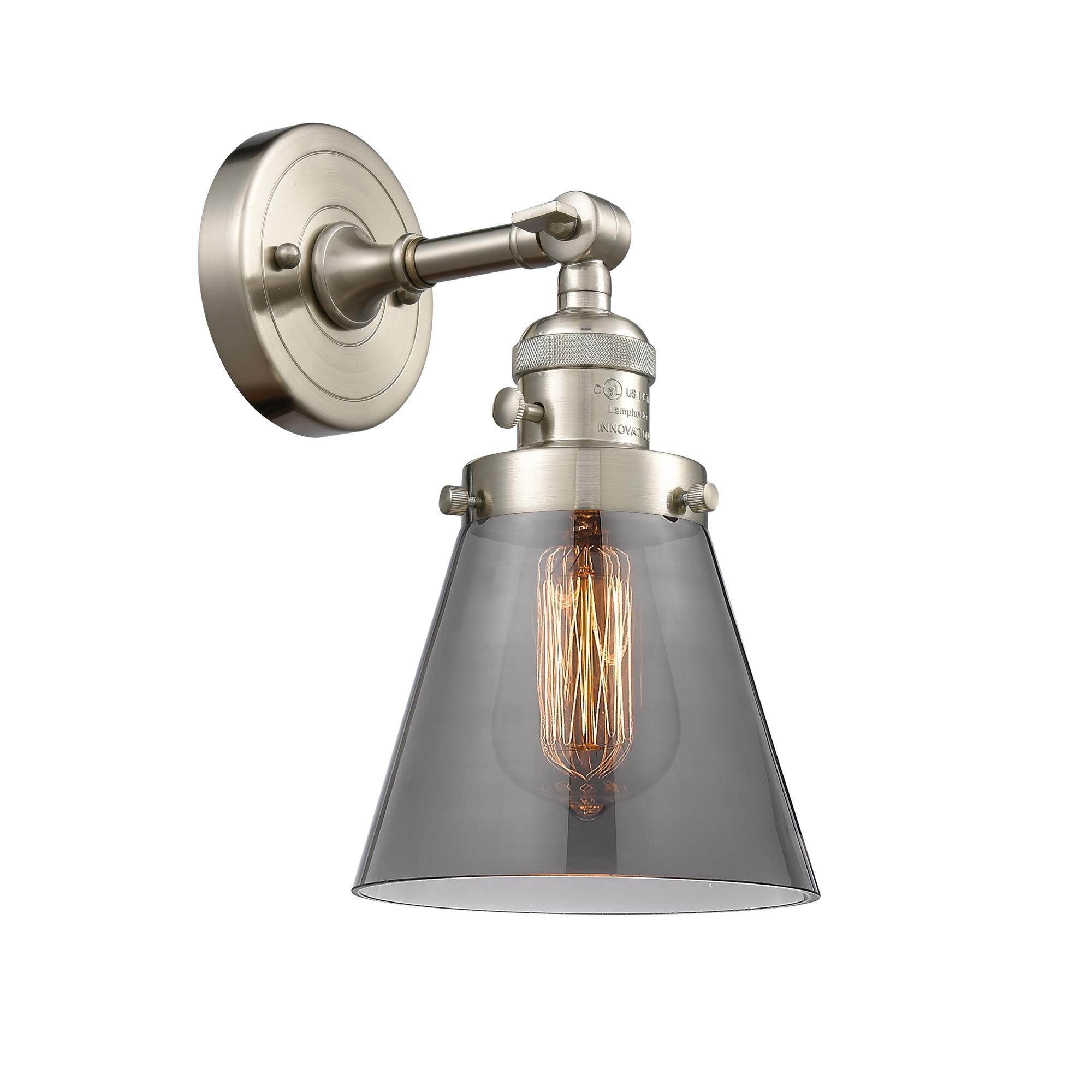 Innovations Lighting 203SW-SN-G63 Franklin Restoration Small Cone 1 Light 6.25 inch Brushed Satin Nickel Sconce Wall Light in Light Smoke Glass, Frank