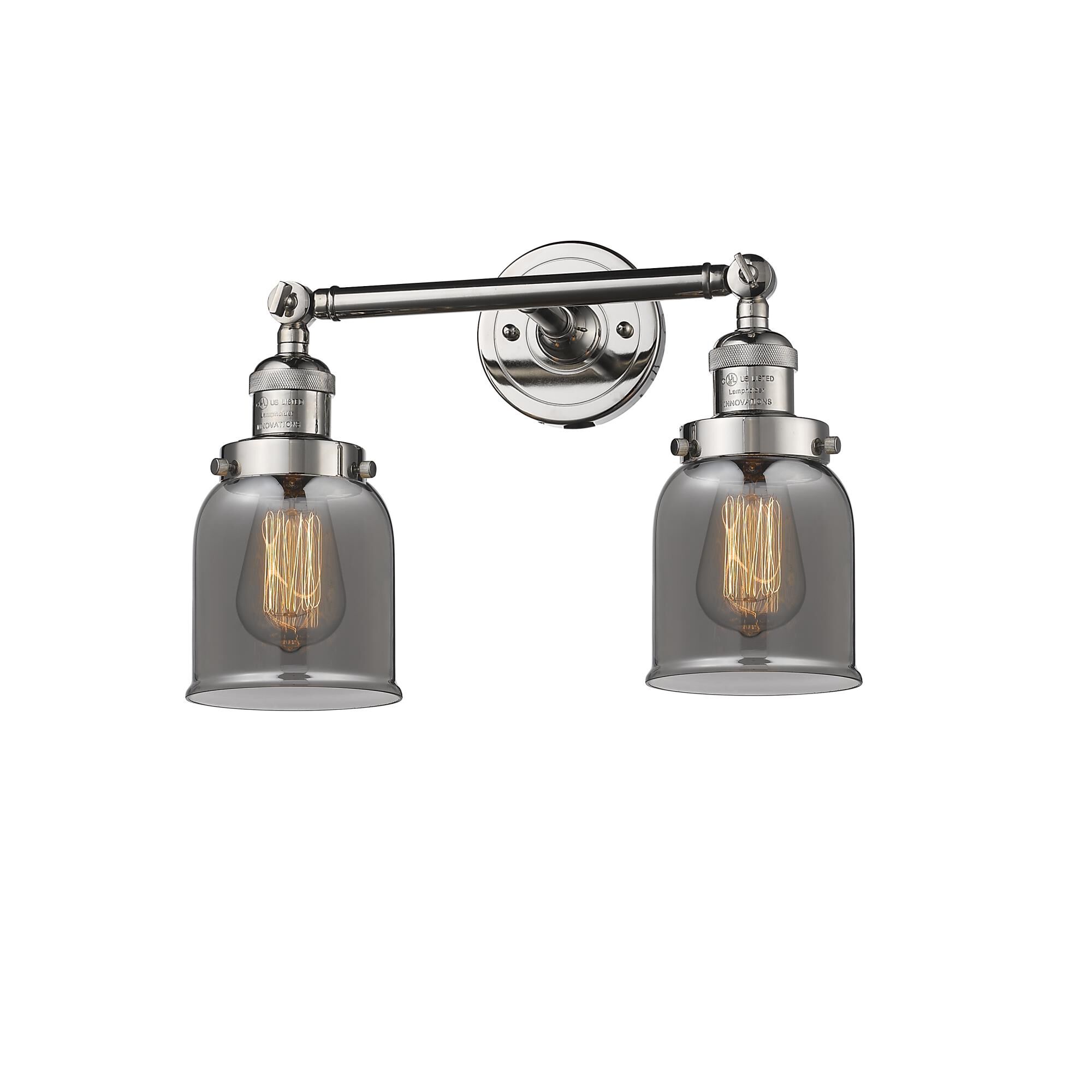 Innovations Lighting 208-PN-G53 Franklin Restoration Small Bell 2 Light 16 inch Polished Nickel Bath Vanity Light Wall Light in Light Smoke Glass, Fra