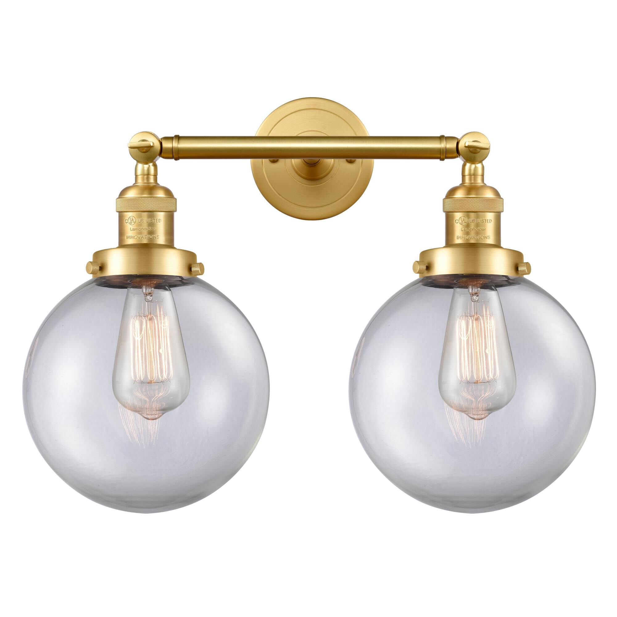 Innovations Lighting 208-SG-G202-8 Franklin Restoration Large Beacon 2 Light 19 inch Satin Gold Bath Vanity Light Wall Light in Clear Glass, Franklin