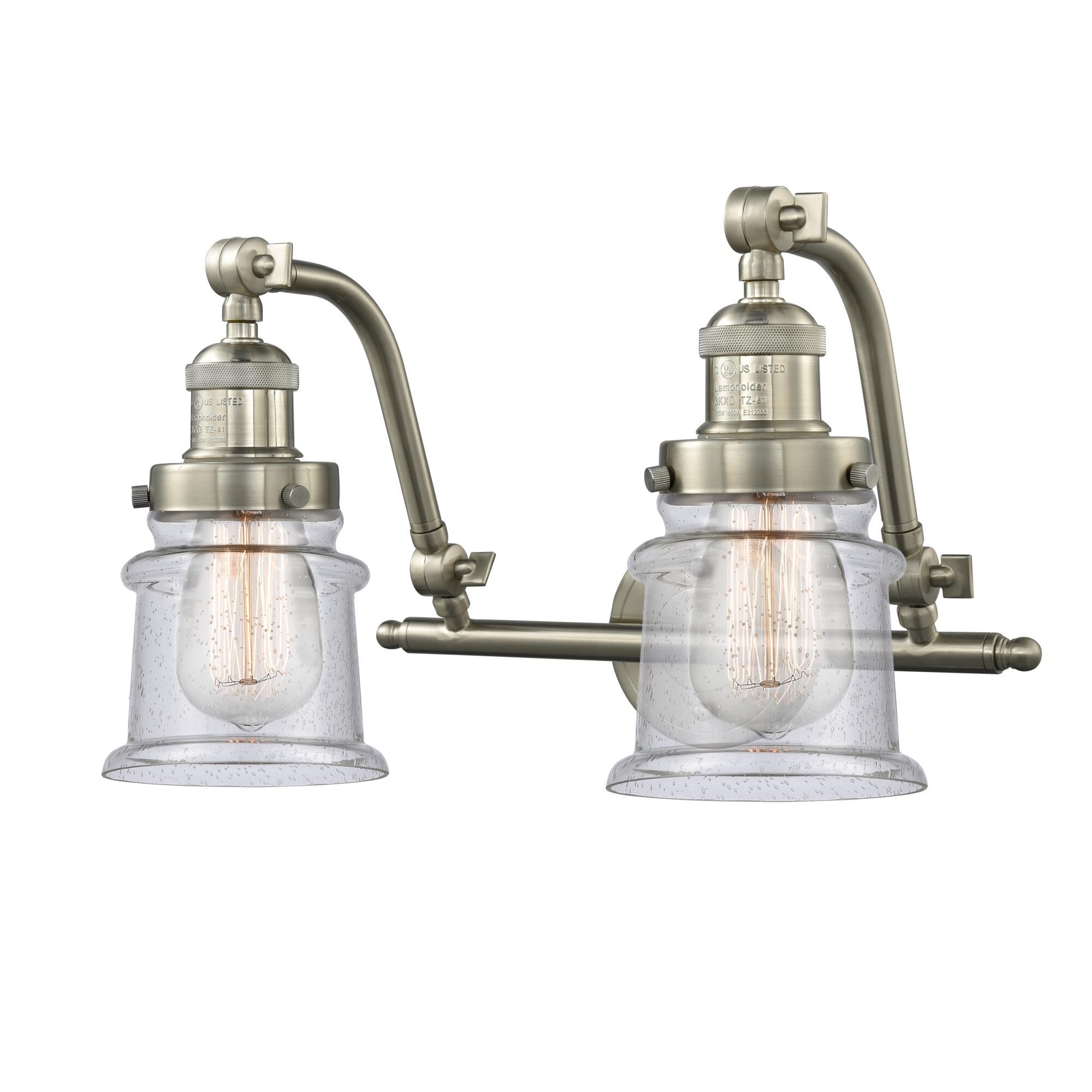 Innovations Lighting 515-2W-SN-G184S Franklin Restoration Small Canton 2 Light 18 inch Brushed Satin Nickel Bath Vanity Light Wall Light in Seedy Glas