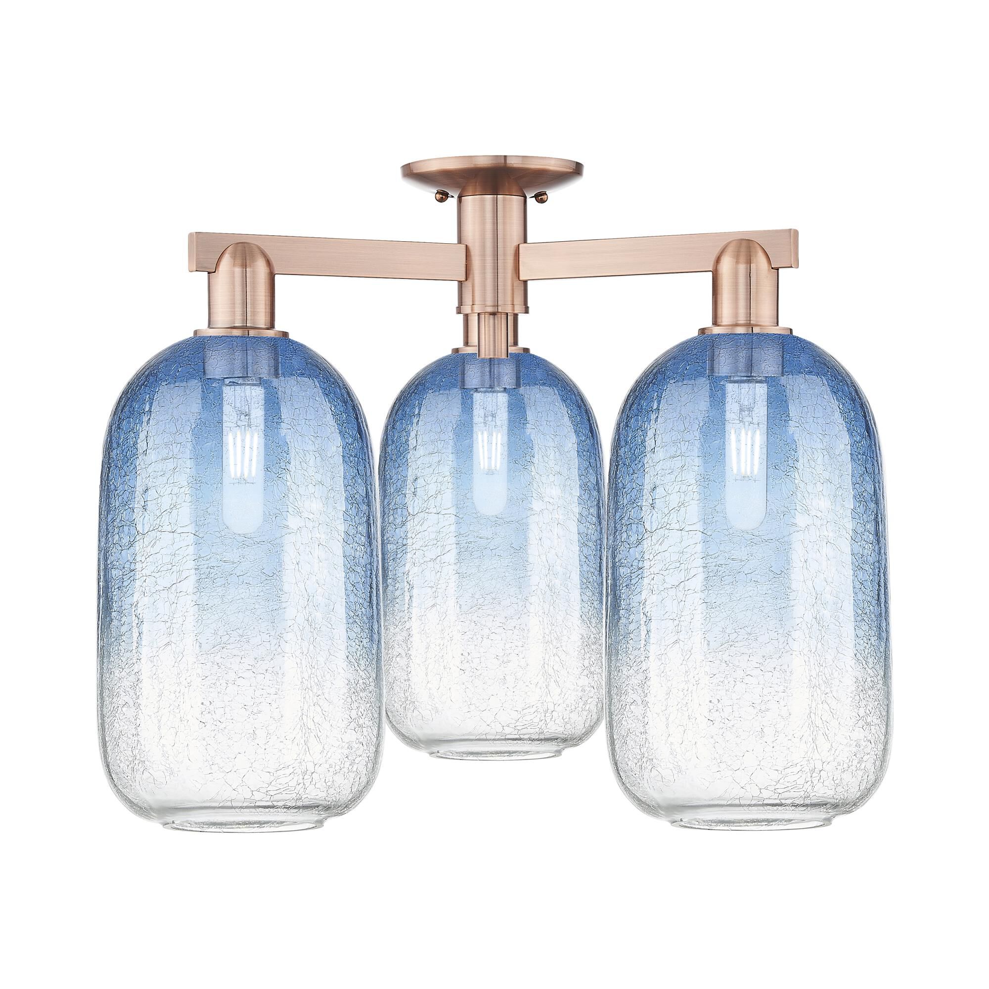 Innovations Lighting 716-3F-AC-G482-7SB Brookhaven Cloche 3 Light 24.5 inch Antique Copper Semi-Flush Mount Ceiling Light in Sapphire Blue Glass