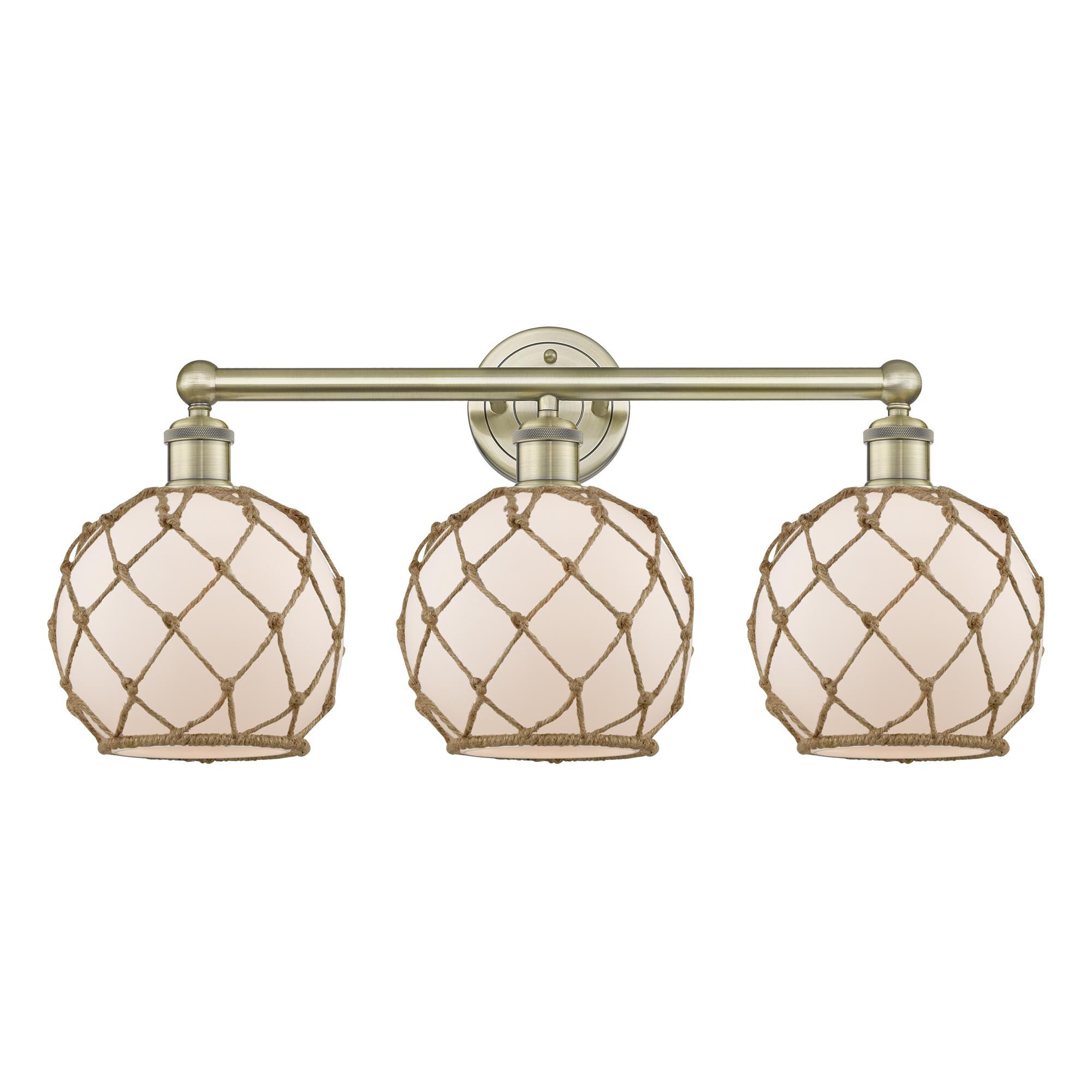 Shown in Antique Brass finish and White with Brown Rope glass