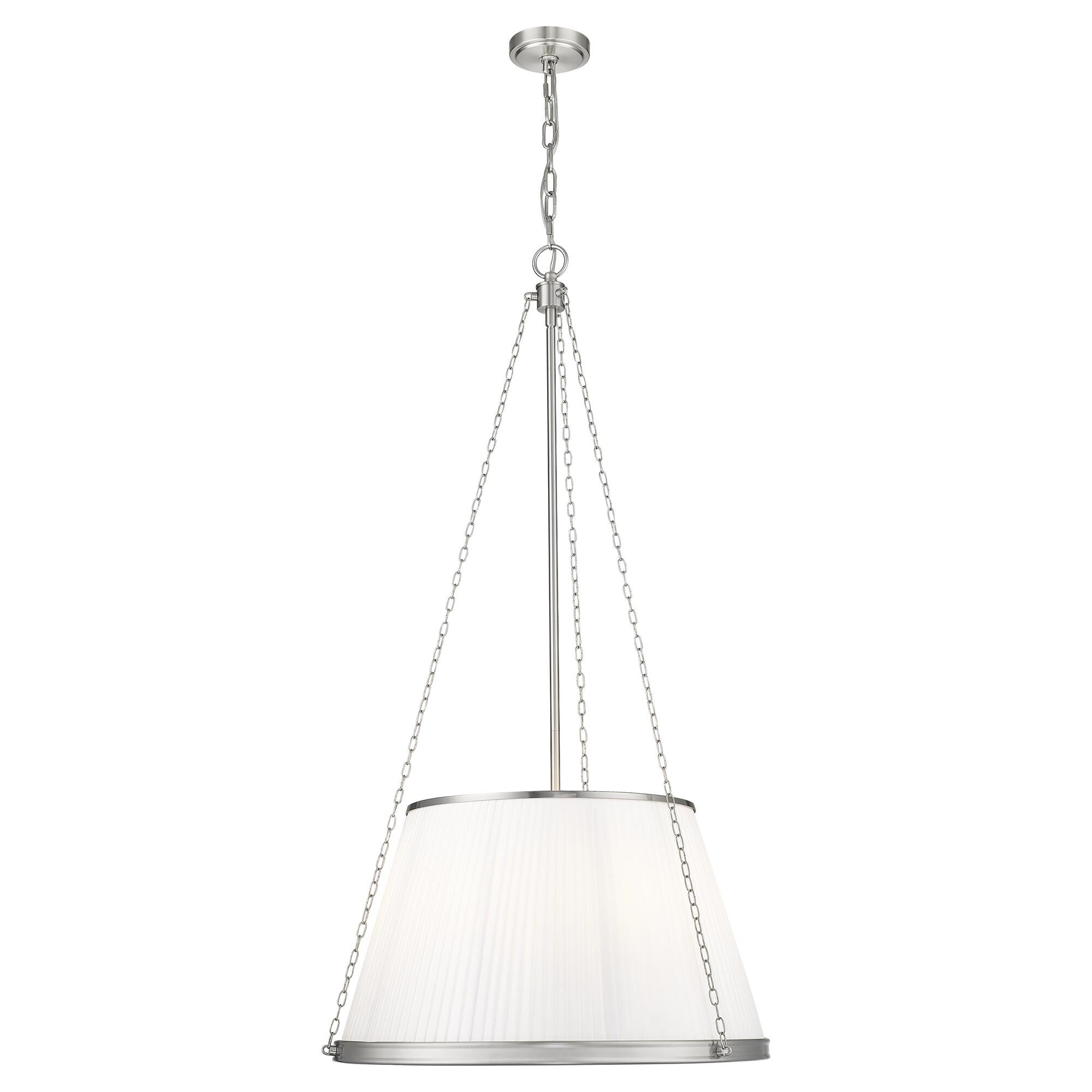 Shown in Brushed Nickel finish and White glass and White shade