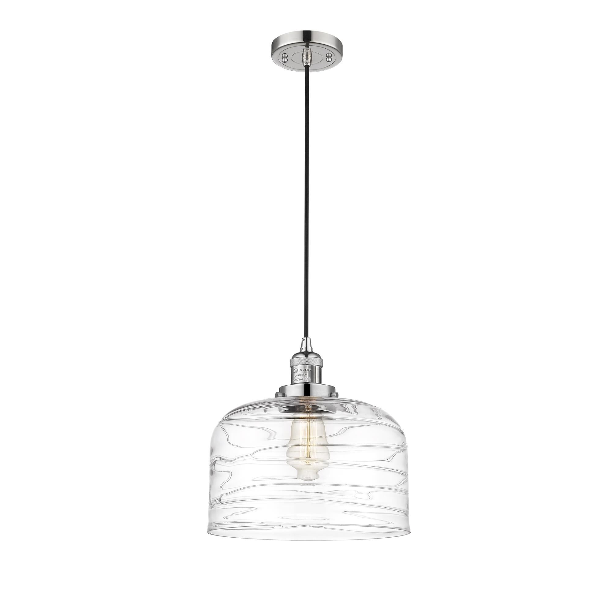 Shown in Polished Nickel finish and Clear Deco Swirl X-Large Bell glass